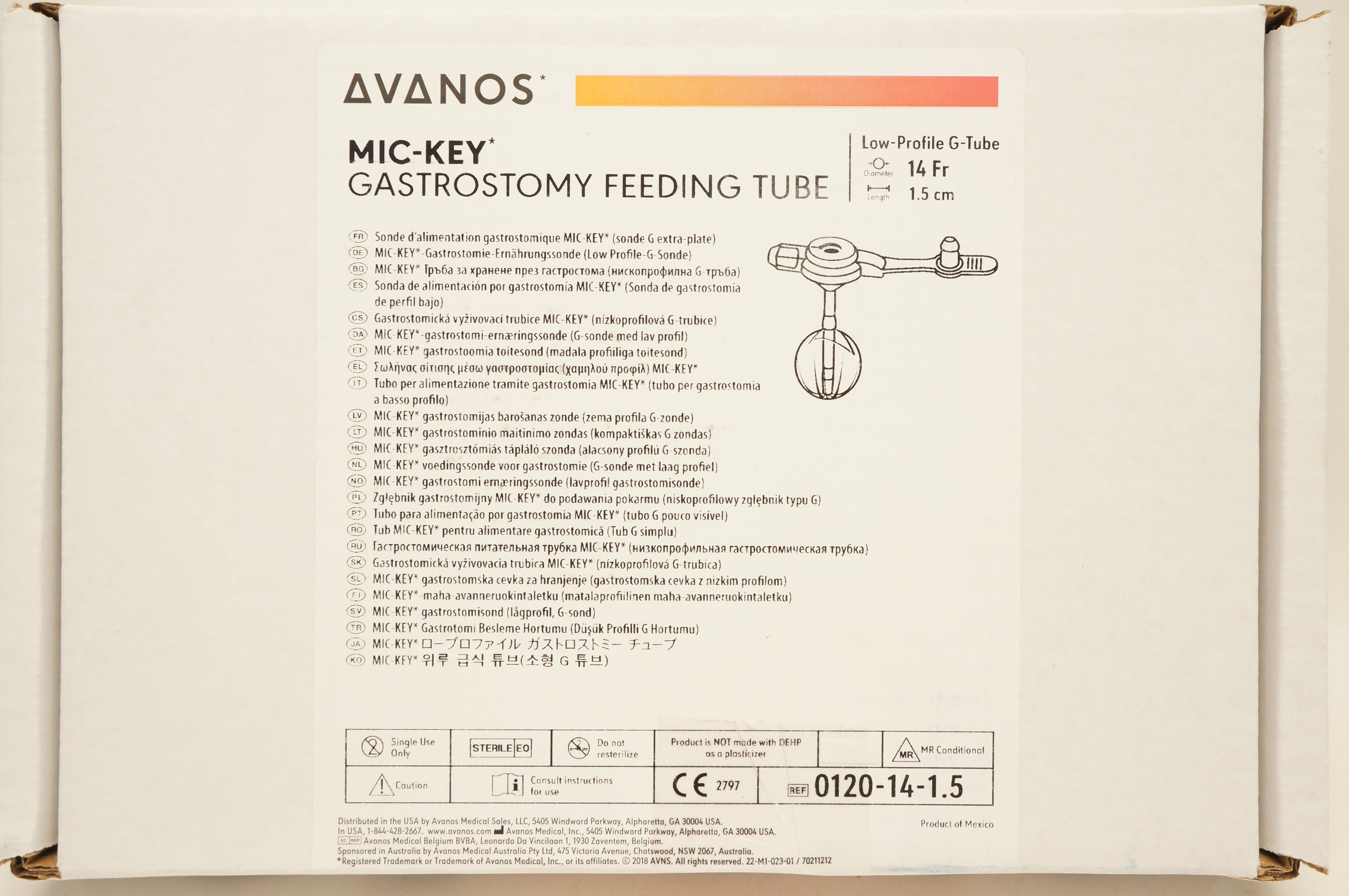 Avanos 0120-14-1.5 MIC-KEY Gastrostomy Feeding Tube Low-Profile G-Tube 14Fx1.5cm