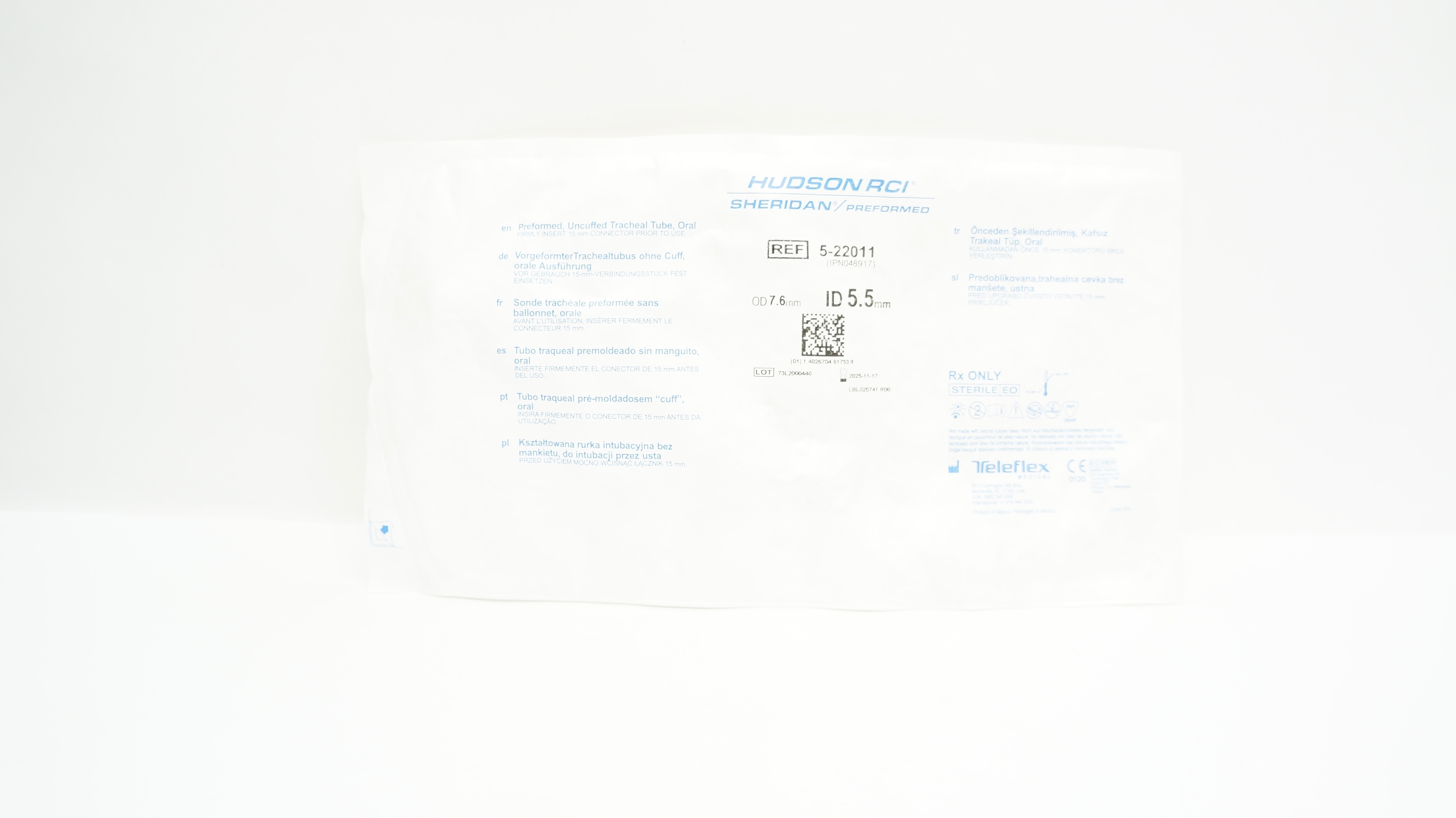 Teleflex 5-22011 Hudson RCI Preformed Tracheal Tube Uncuffed Oral 7.6 x 5.5mm