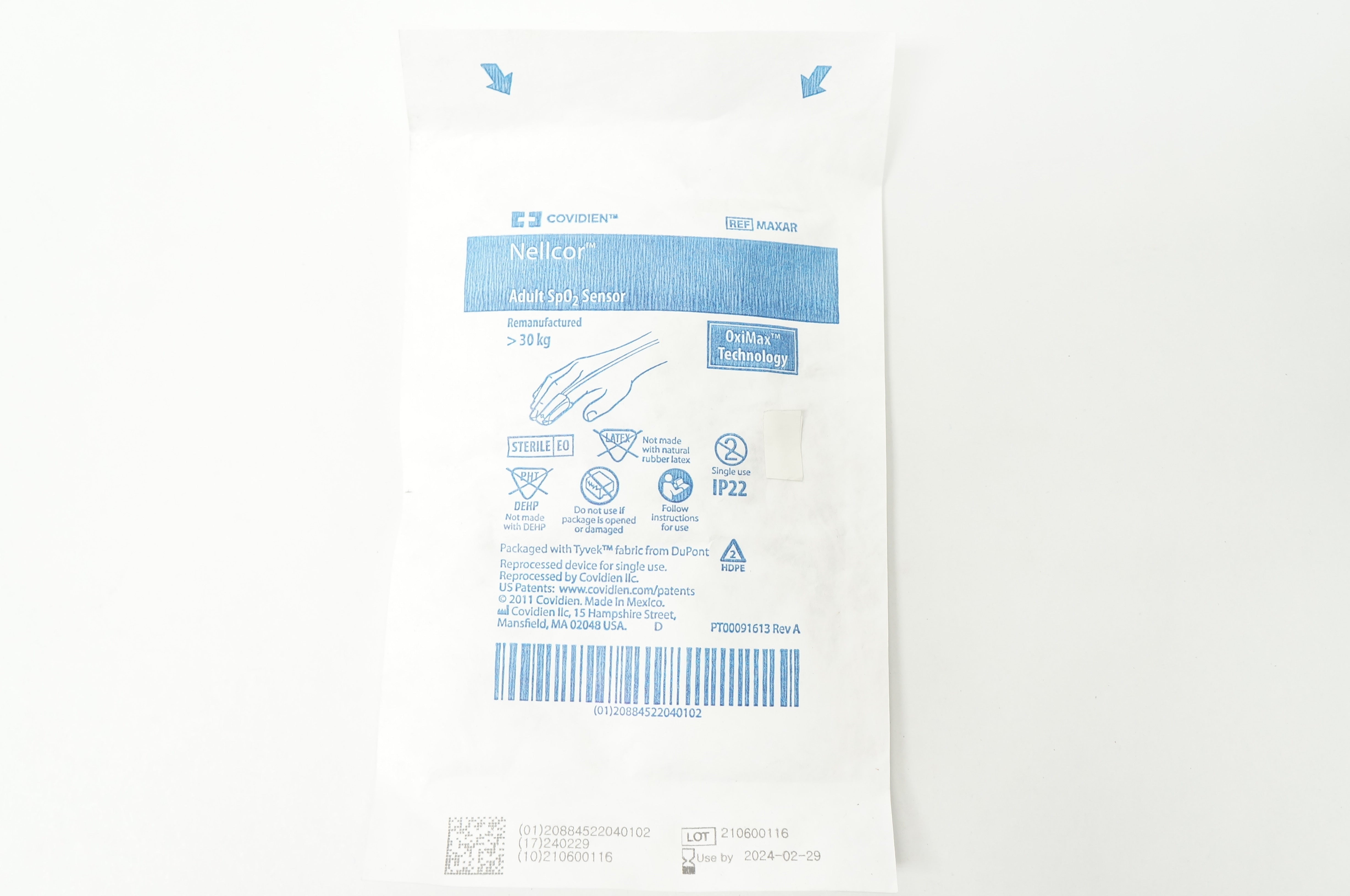 Covidien MAXAR Nellcor Adult SpO2 Sensor > 30kg, OxiMax Technology