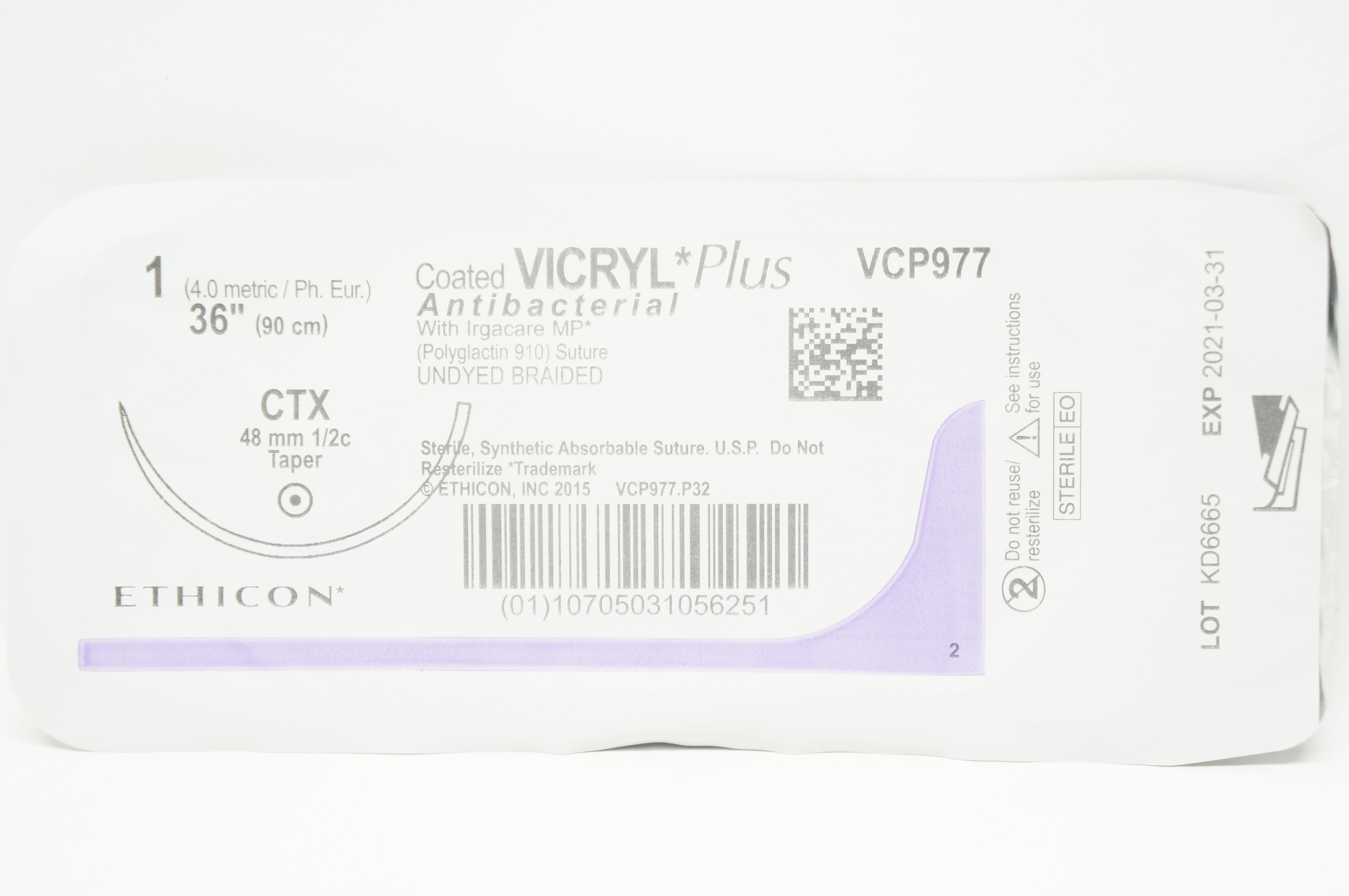 Ethicon VCP977 1 Coated Vicryl Plus Stre CTX 48mm 1/2c Taper, 36inch (x)