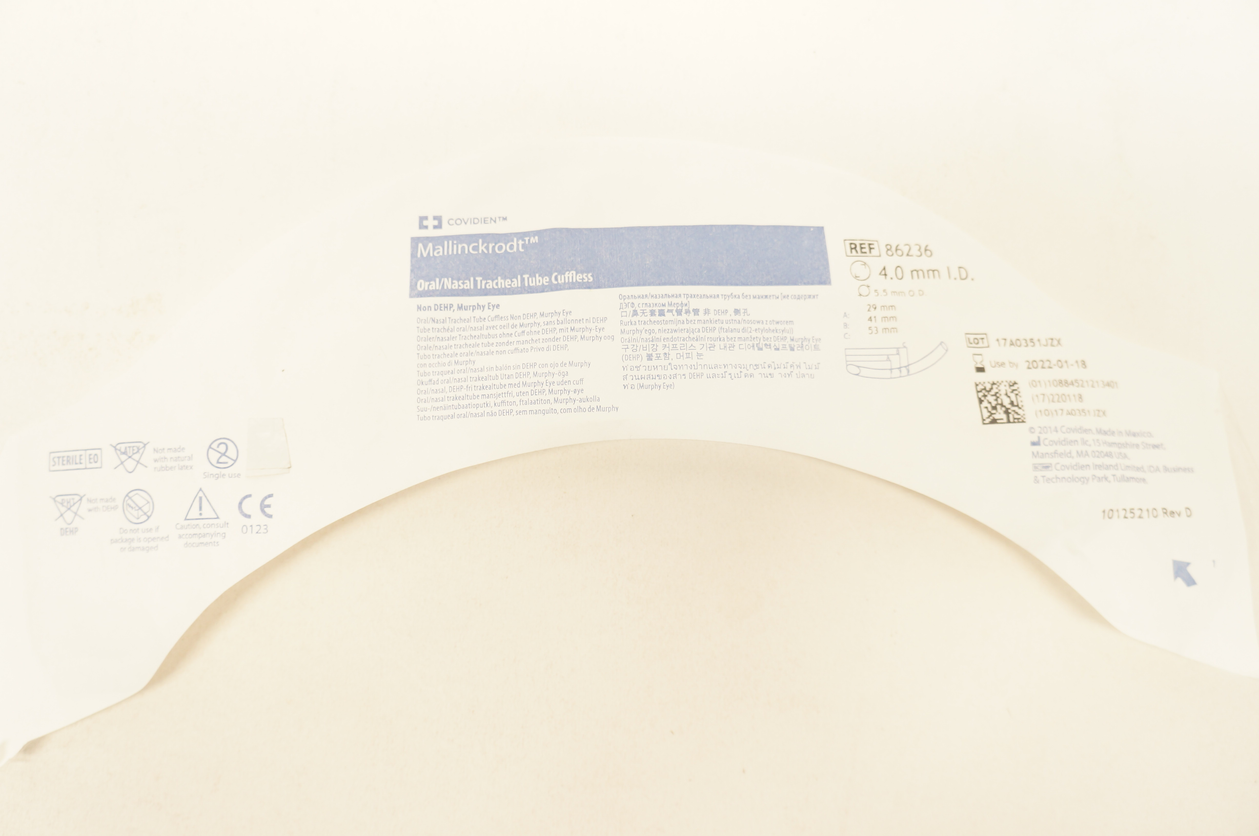 Covidien 86236 Shiley Oral/Nasal Tracheal Tube Cuffless 4.0m ID x 5.5mm OD