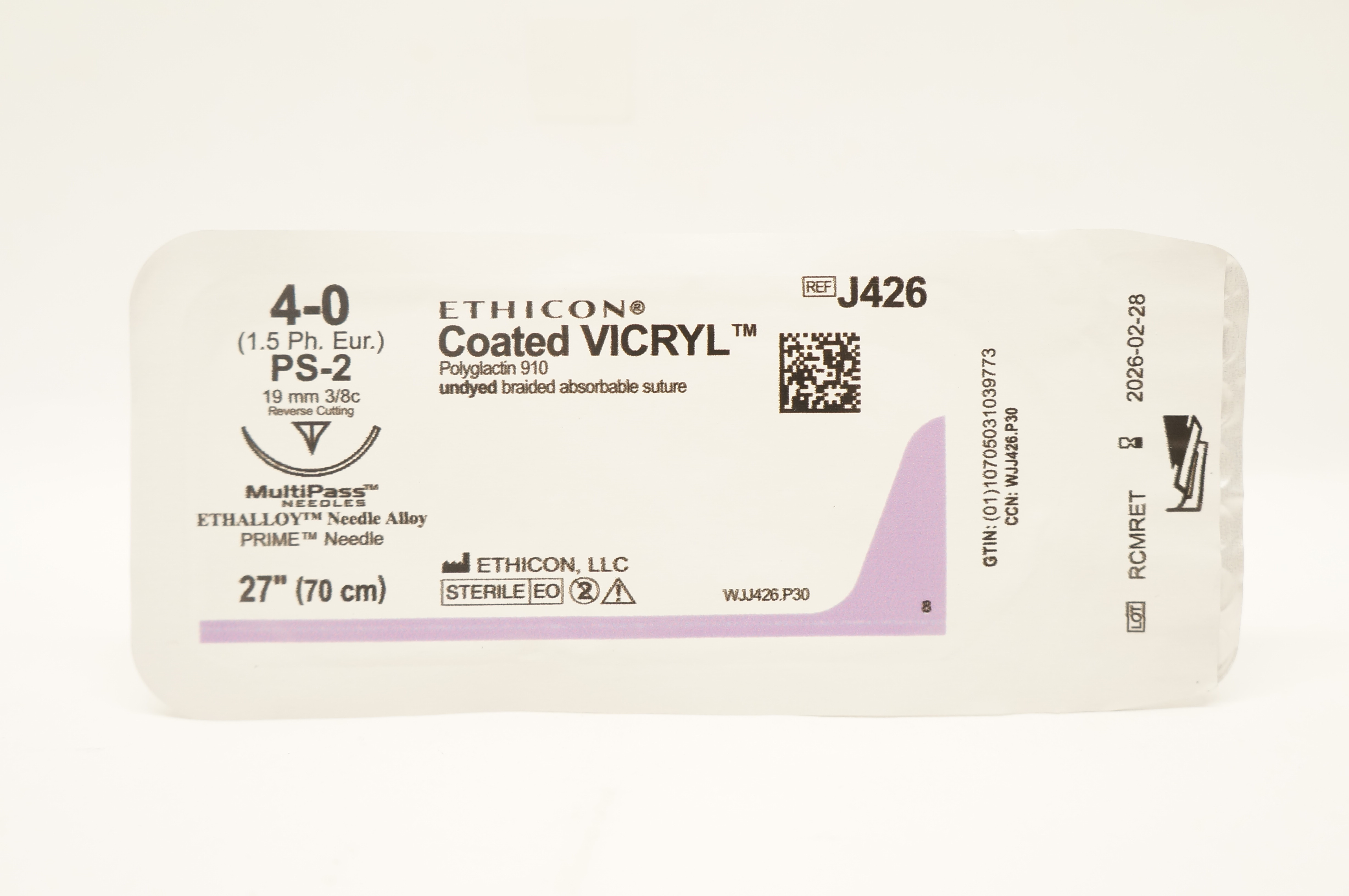 Ethicon J426 4-0 Coated VICRYL PS-2 19mm 3/8c Reverse Cutting, 27inch