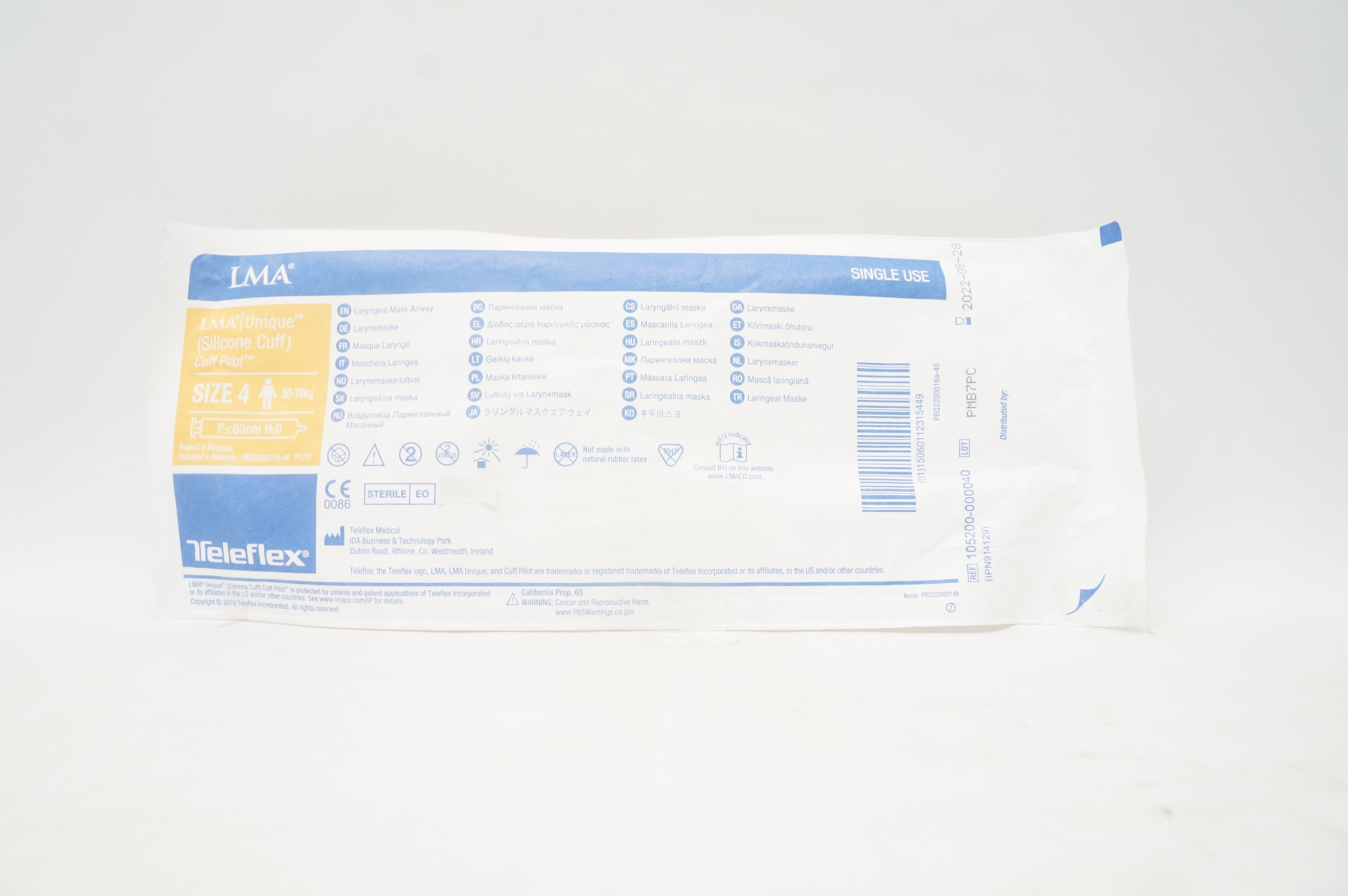 Teleflex 105200-000040 LMA Unique Cuff Pilot Laryngeal Mask, Size 4 50-70kg (x)