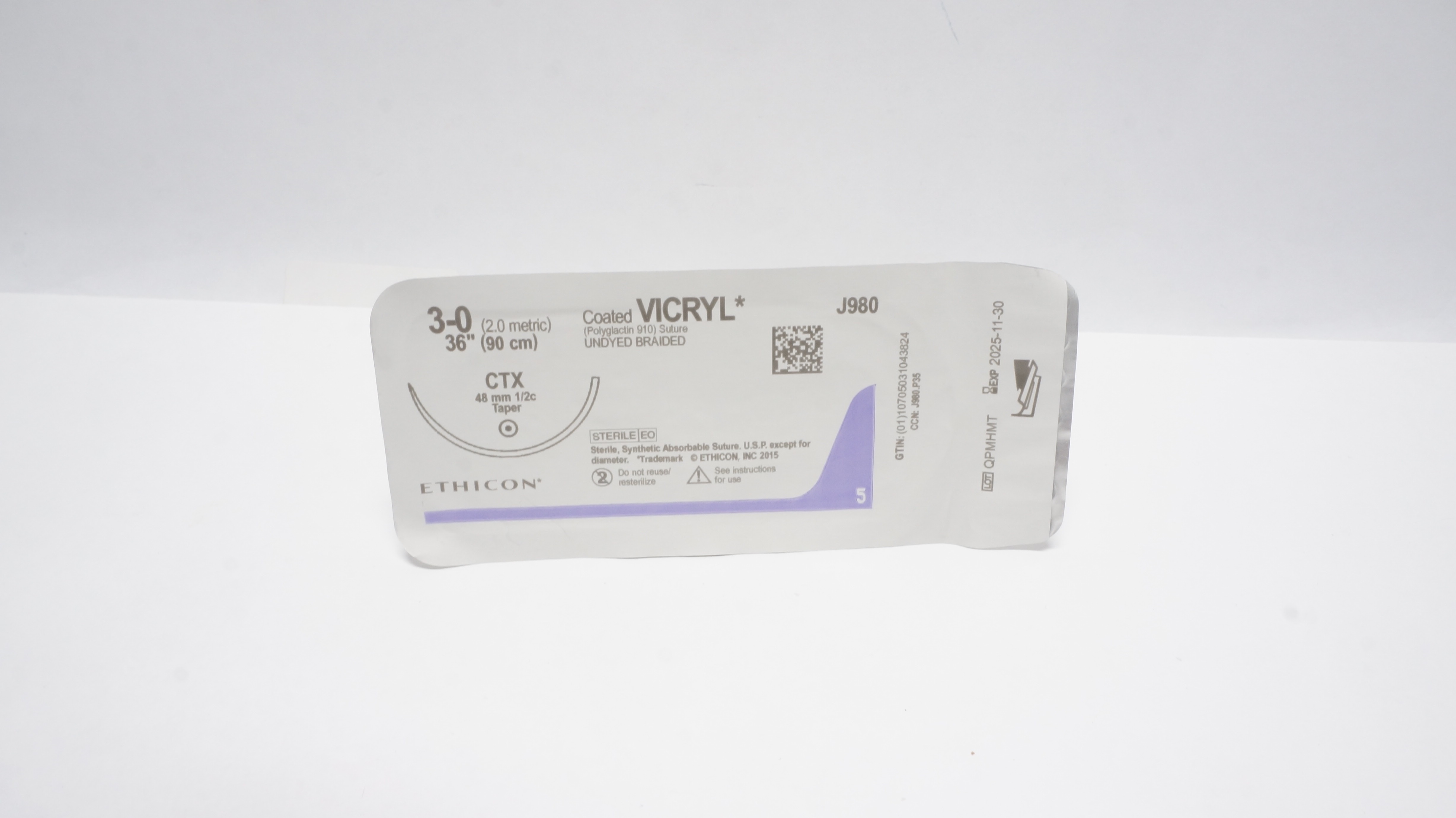 Ethicon J980 3-0 Coated Vicryl Polyglactin 910 Stre CTX 48mm 1/2c Taper, 36in(x)