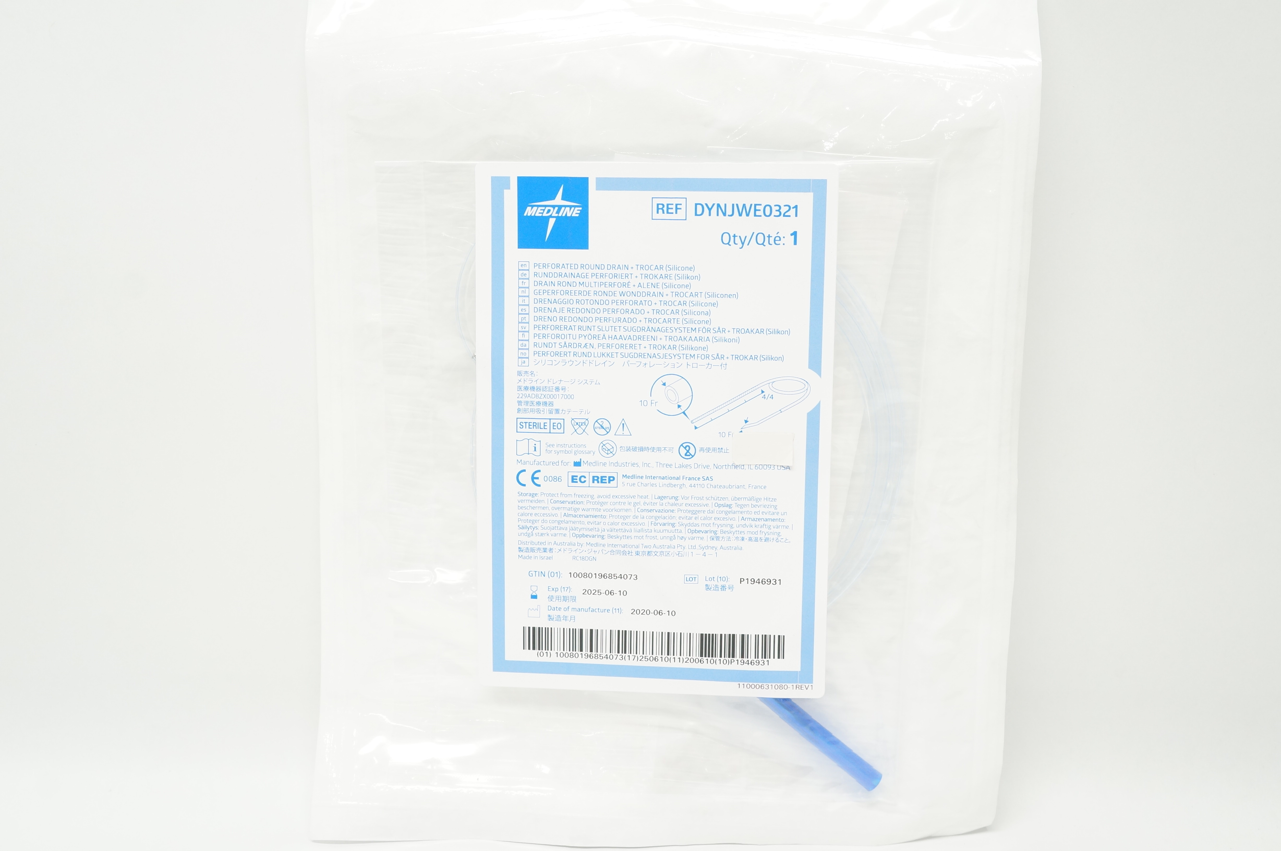 Medline DYNJWE0321 Perforated Round Drain (Silicone) 10Fr