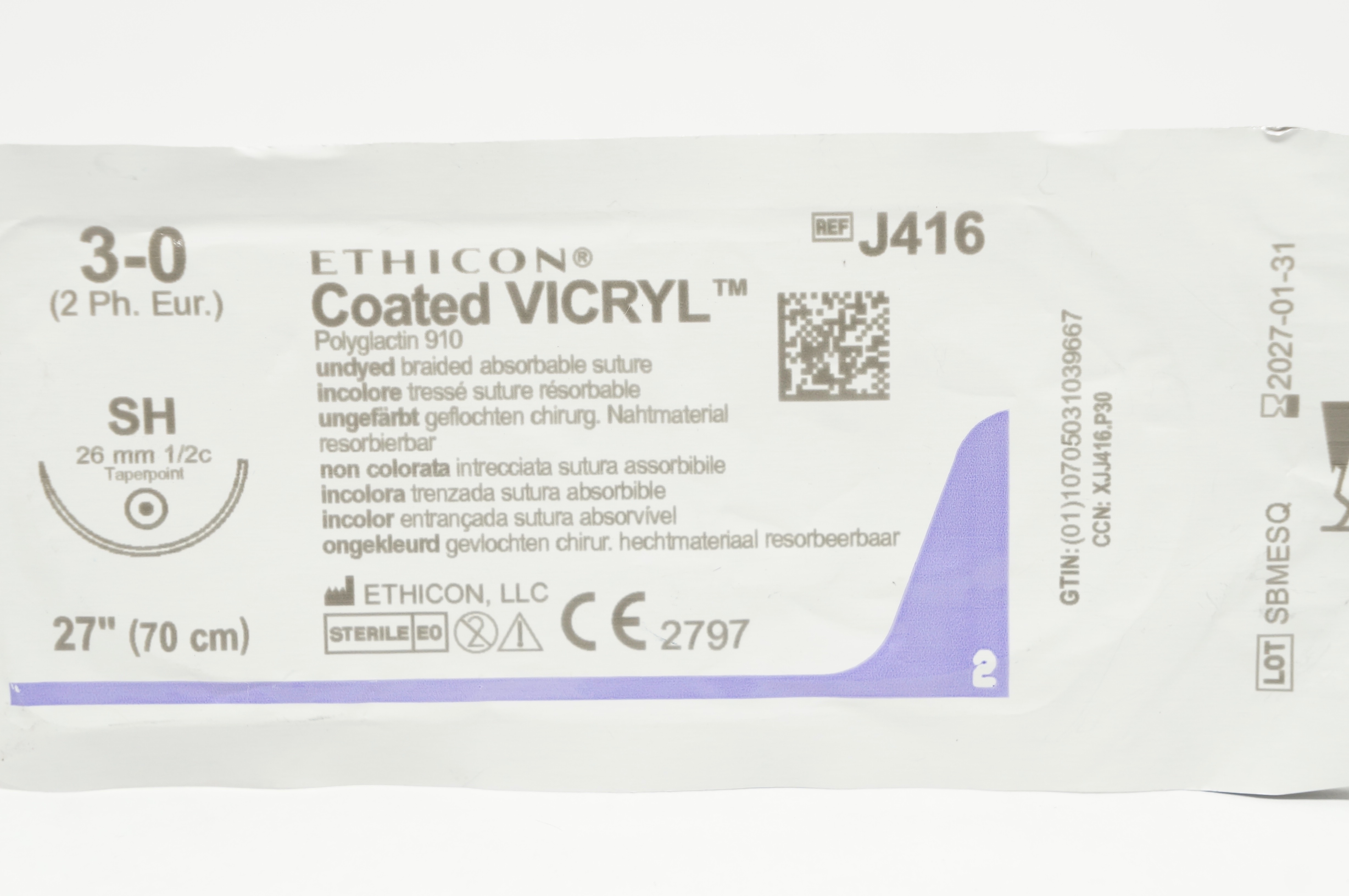 Ethicon J416 3-0 Coated VICRYL SH 26mm 1/2c Taper 27inch