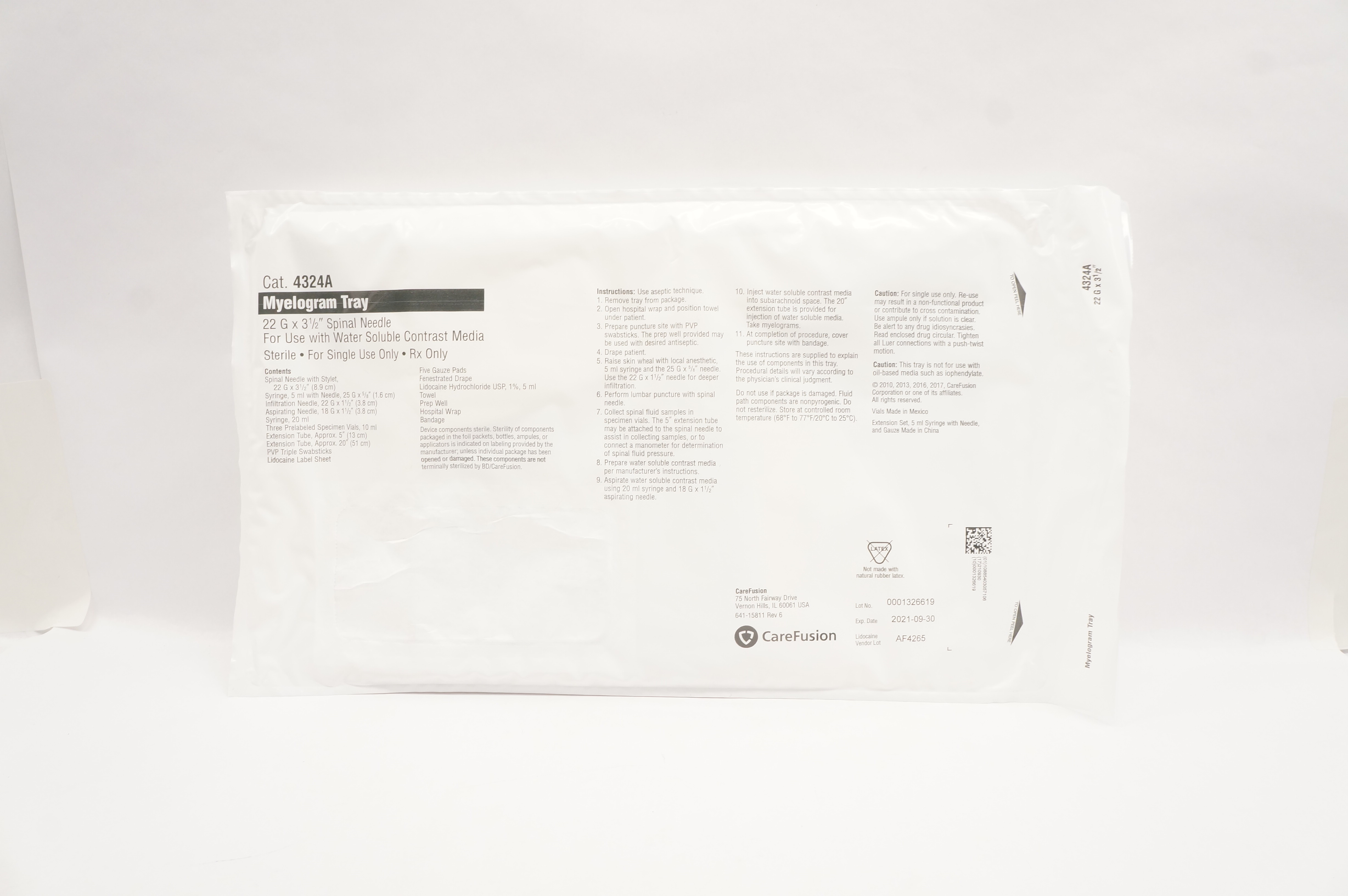 CareFusion 4324A Myelogram Tray 22G x 3 1/2inch Spinal Ndle. (x)
