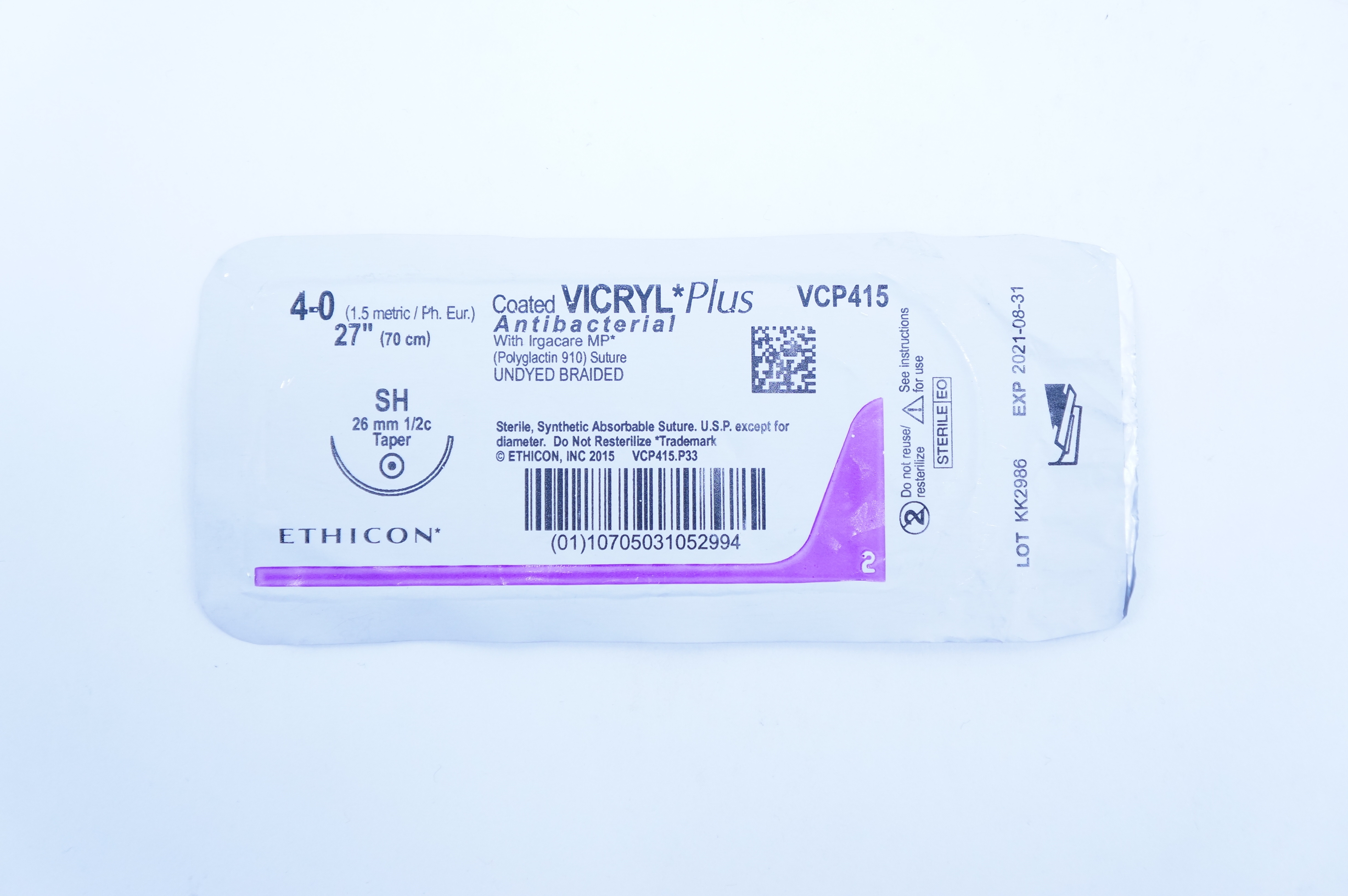 Ethicon VCP415 4-0 Vicryl Antibacterial Stre. Undyed Braided Taper, 27inch