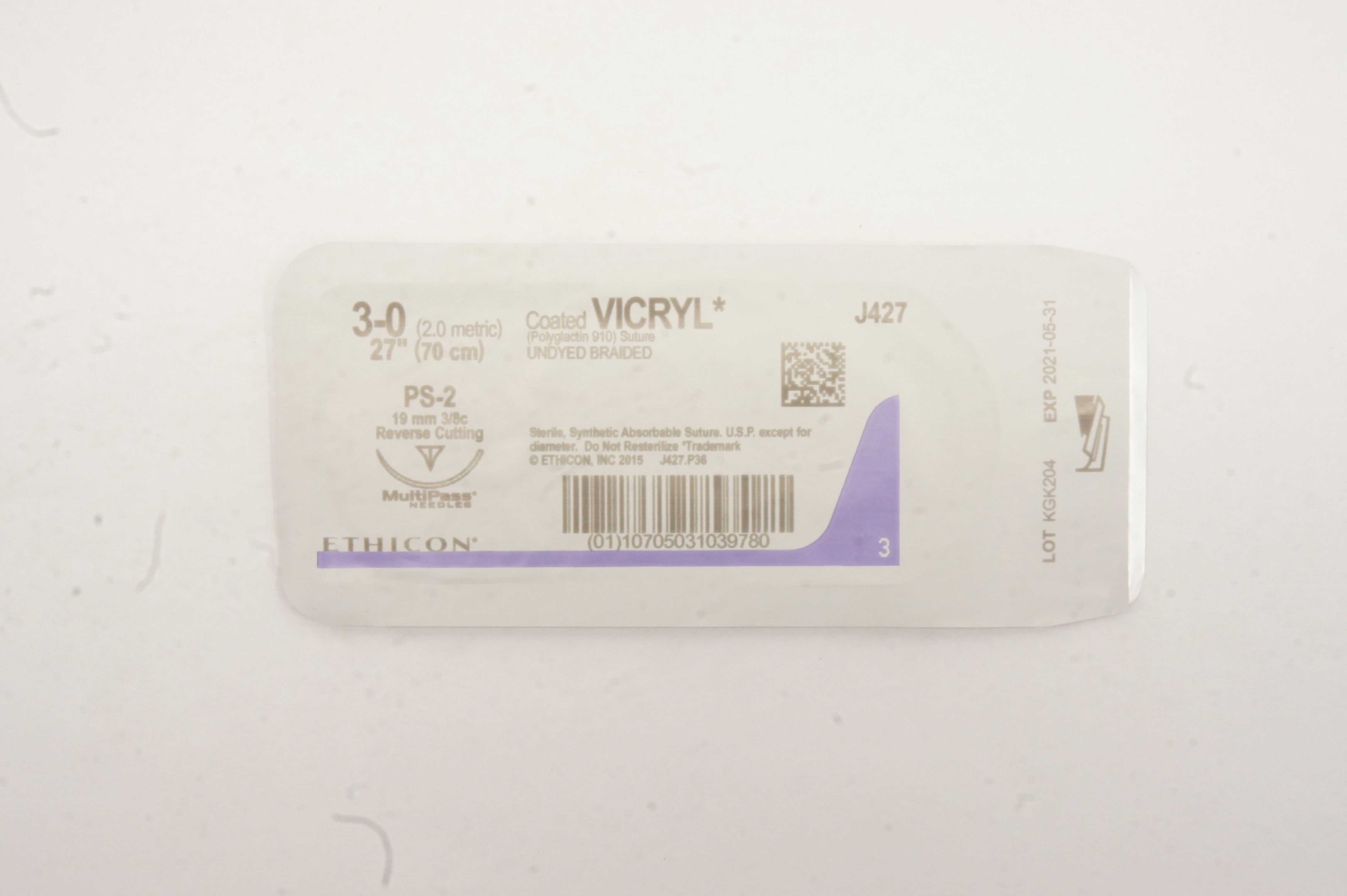 Ethicon J427 3-0 VICRYL PS-2 19mm 3/8c Reverse Cutting 27 inch (x)