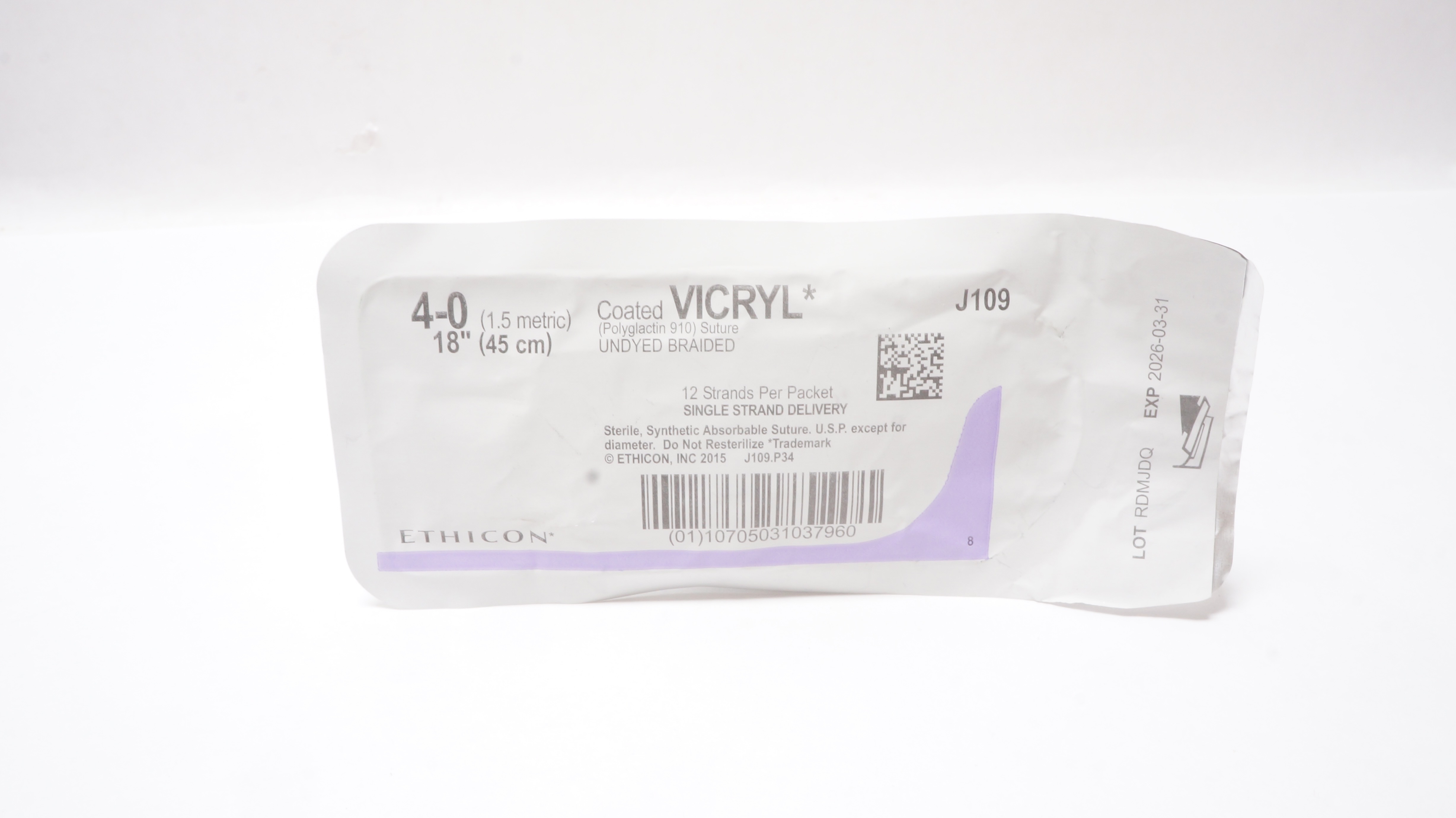 Ethicon J109 4-0 Coated VICRYL Polyglactin 910 Stre Undyed Braided, 18inch