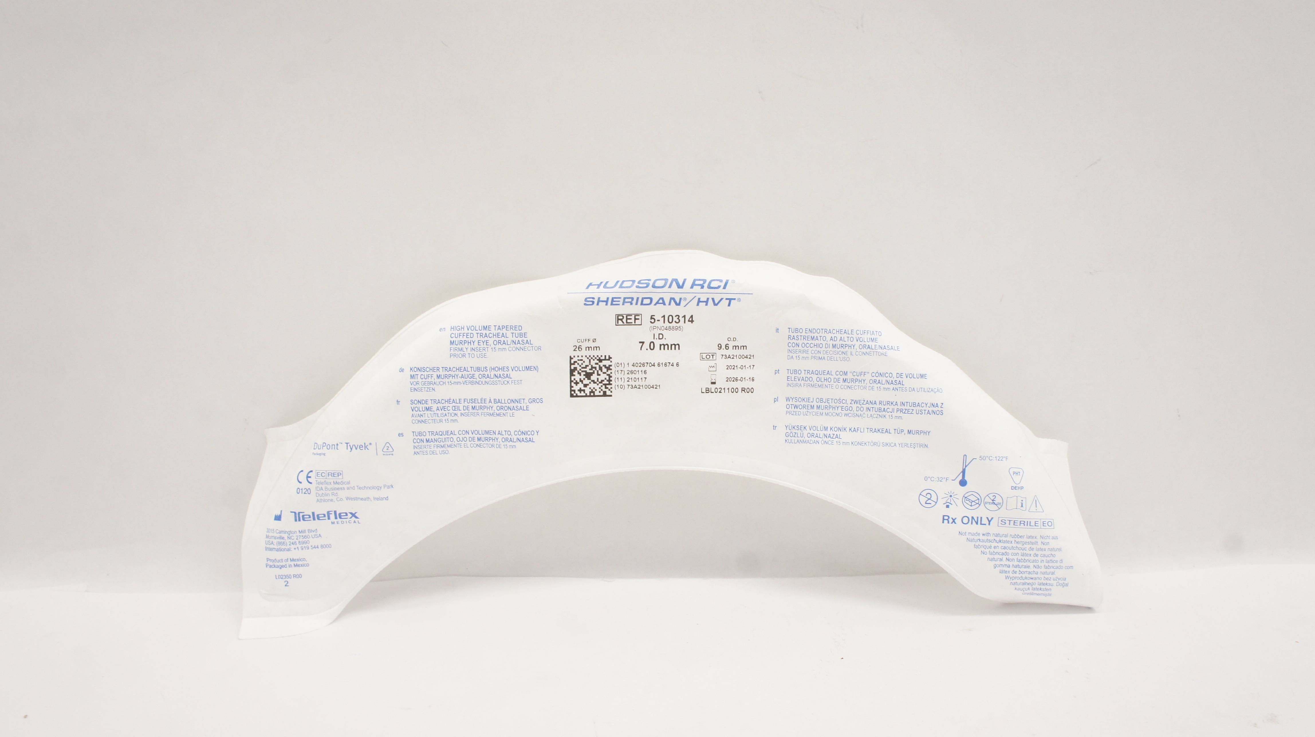 Teleflex 5-10314 Hudson RCI Sheridan Cuffed Tracheal Tube 7.0 ID x 9.6OD x 26mm