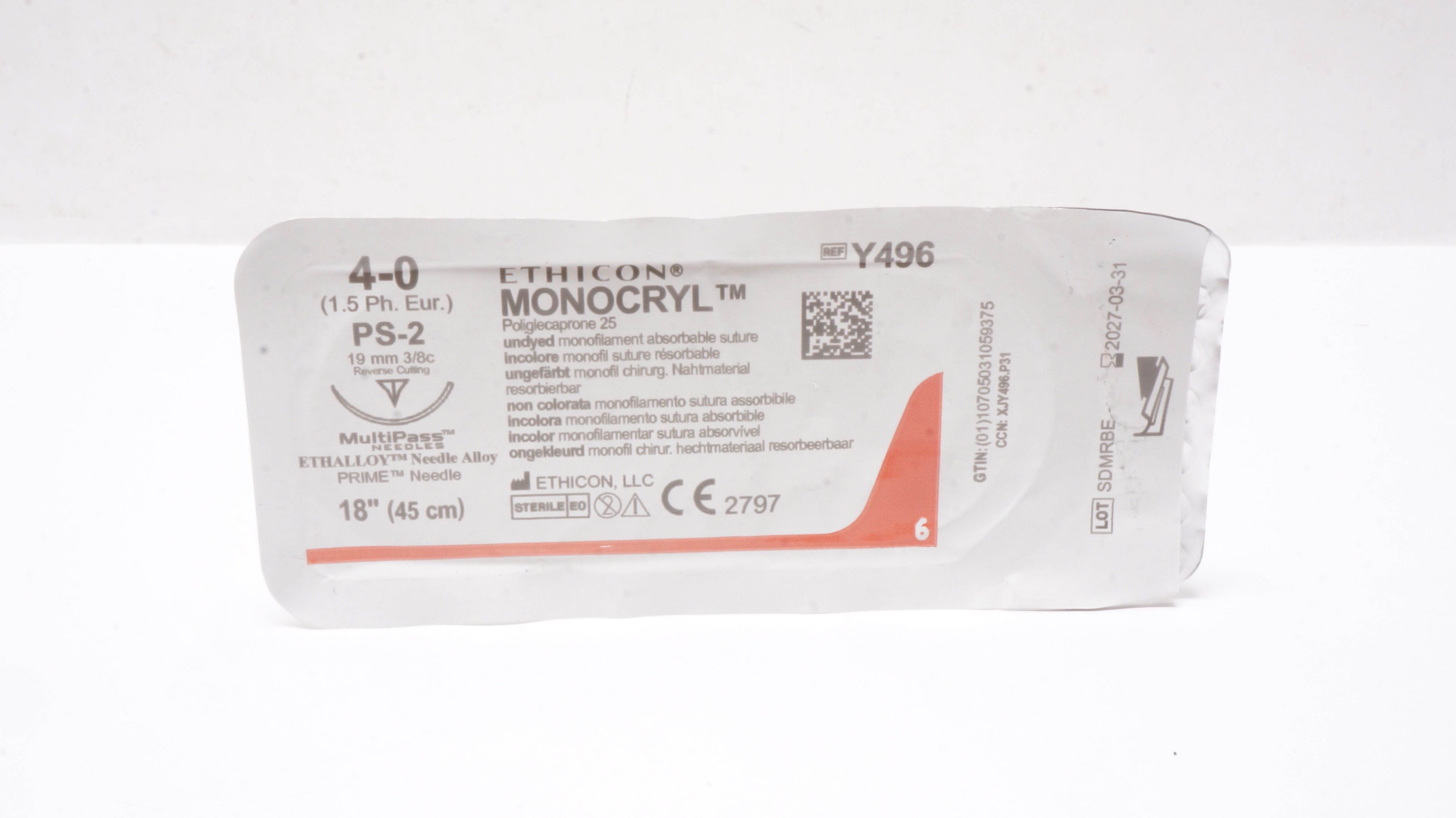Ethicon Y496 4-0 Monocryl Undyed Stre PS-2 19mm 3/8c Reverse Cutting 18inch
