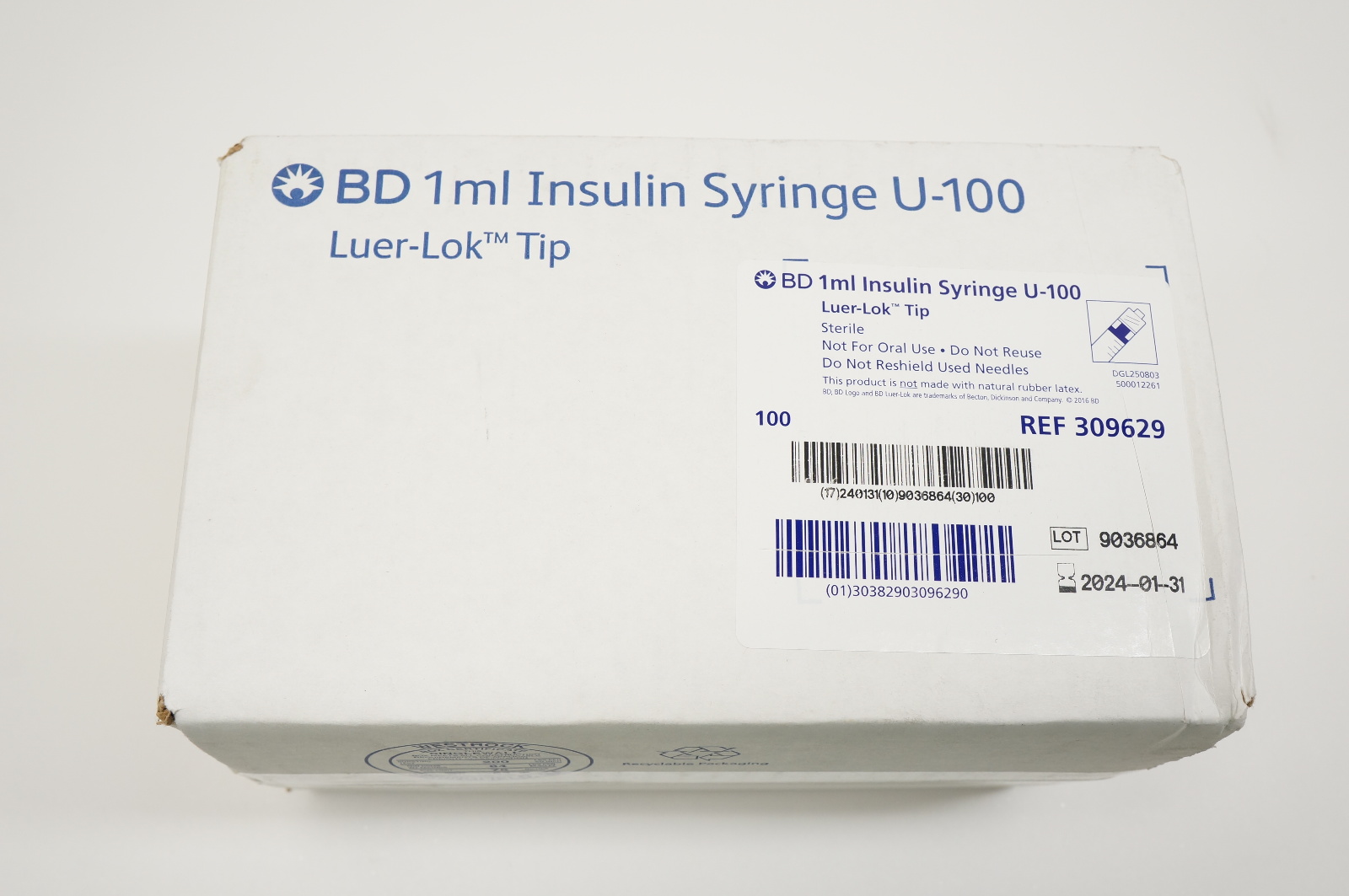 BD 309629 Luer-Lok Tip Insulin Syringe U-100 1ml - Box of 100