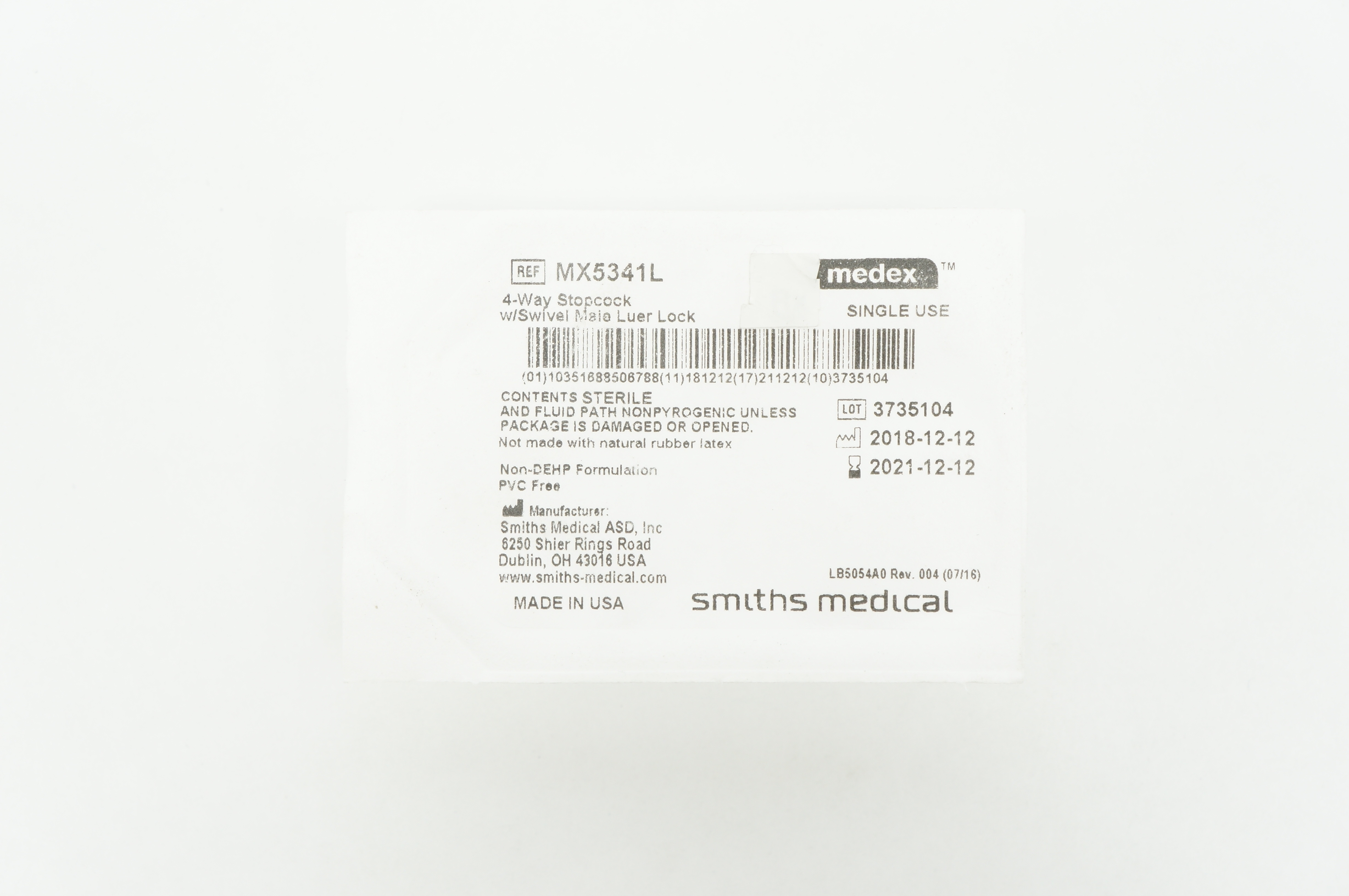 Smiths Medical MX5341L 4-Way Stopcock w/Swivel Male Luer Lock (x)