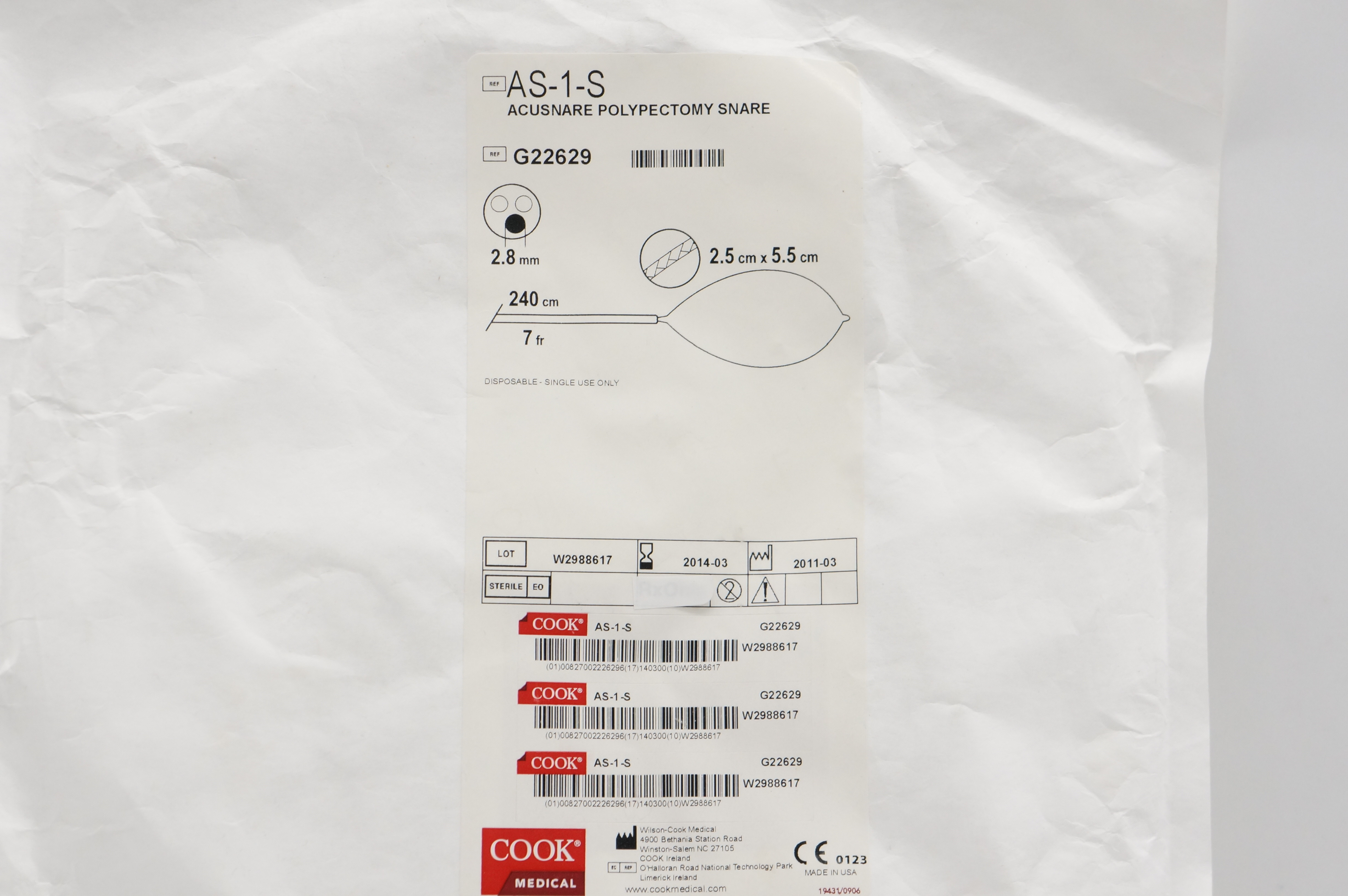 Cook Medical G22629 Acushare Polypectomy Snare 7Fr x 240cm (x)