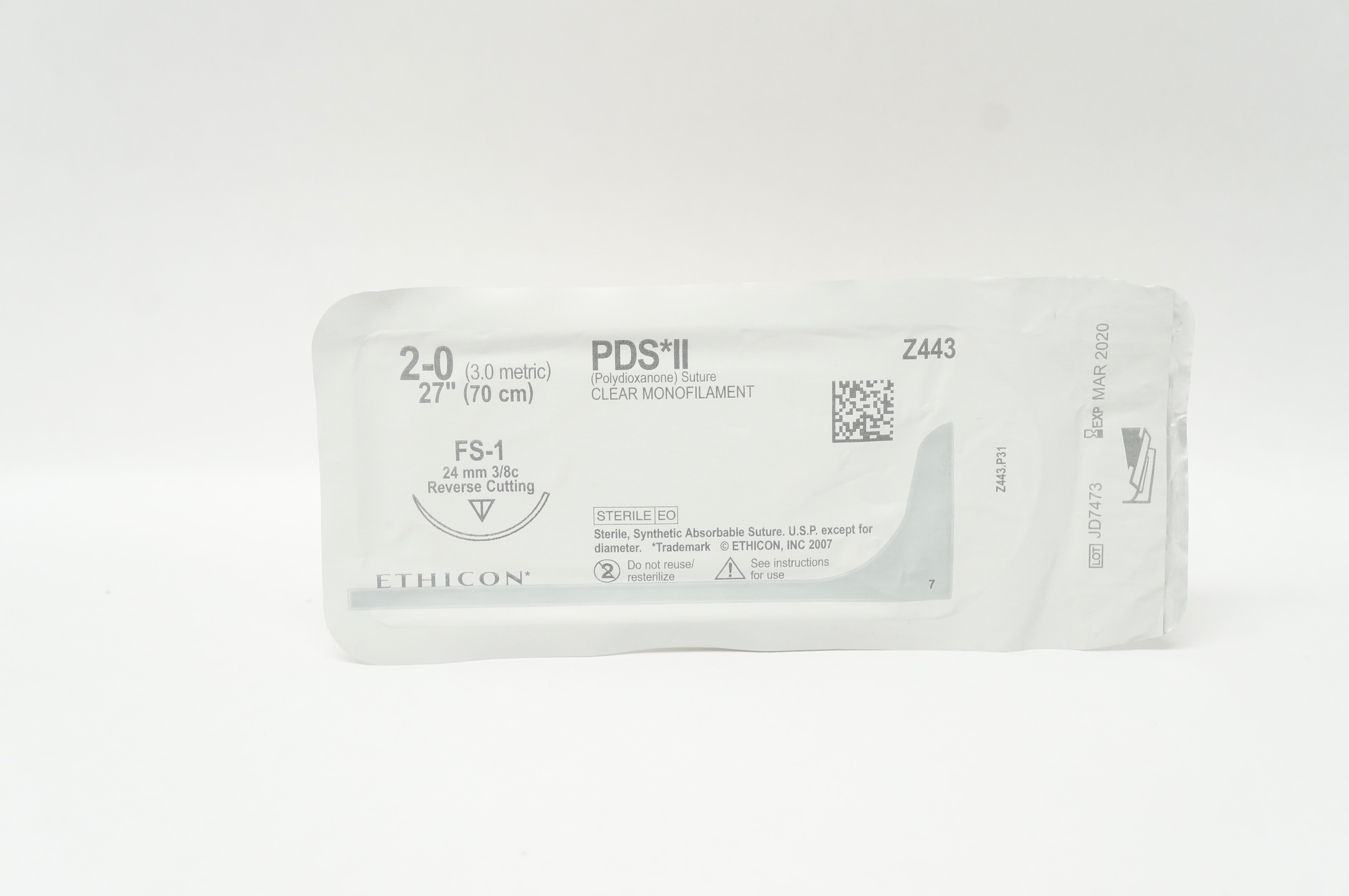 Ethicon Z443 2-0 PDS II, FS-1, 24mm 3/8c Reverse Cutting, 27inch (x)