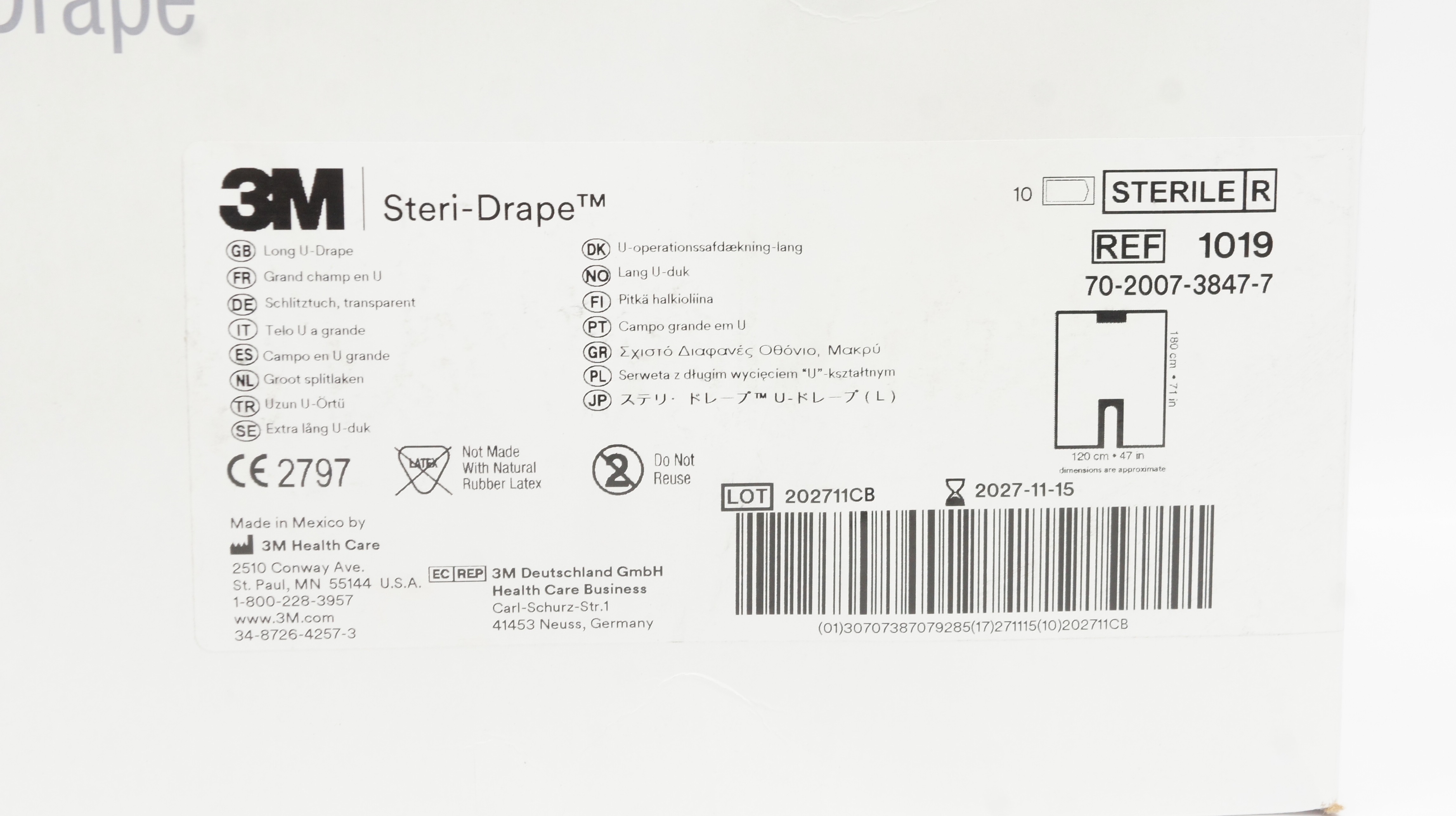 3M 1019 Steri Drape Long U-Drape 47inch x 71inch - Box of 10