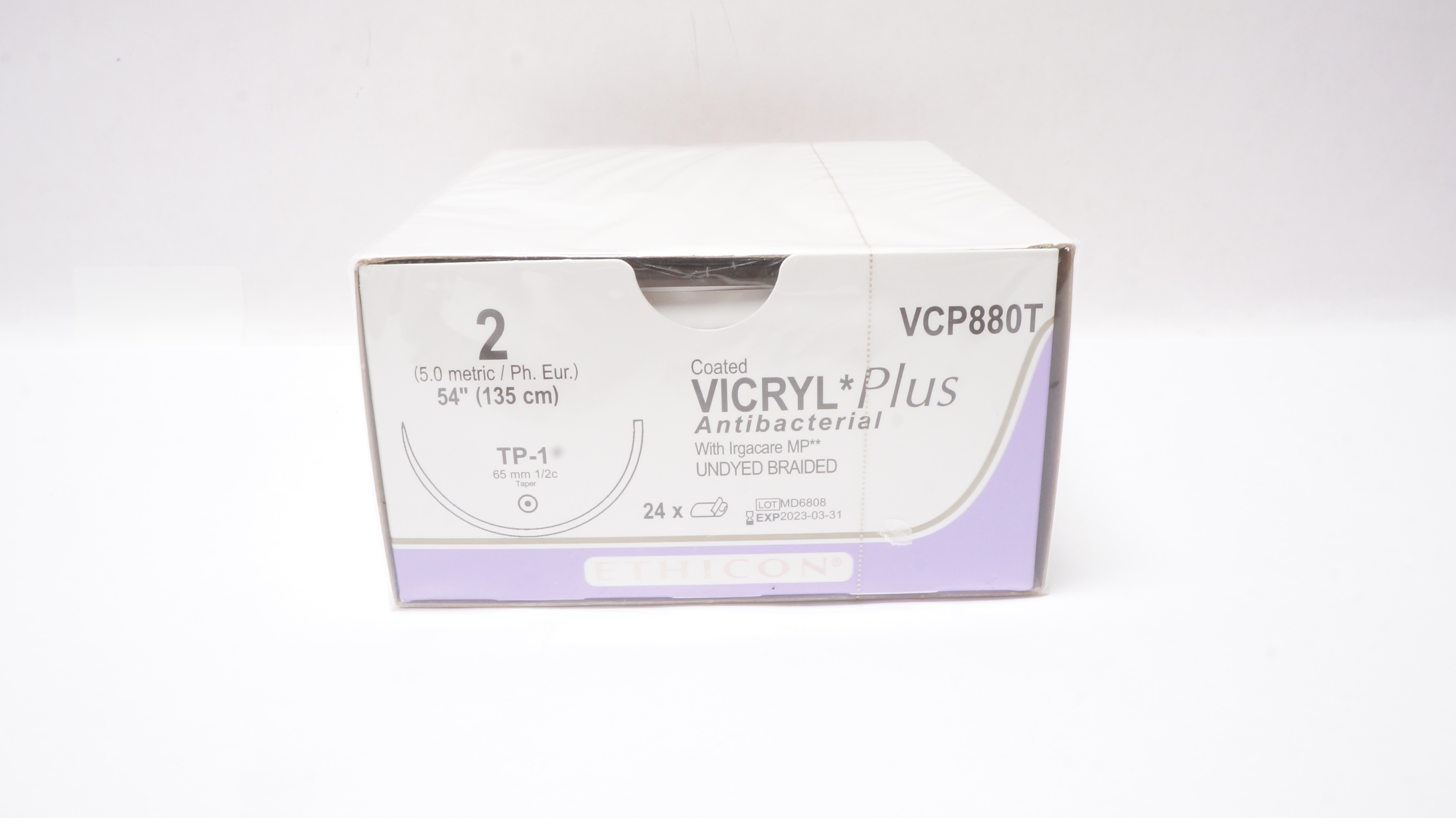 Ethicon VCP880T 2 COATED VICRYL PLUS, TP-1, 65mm 1/2c Taper, 54in(x) -Box of  24