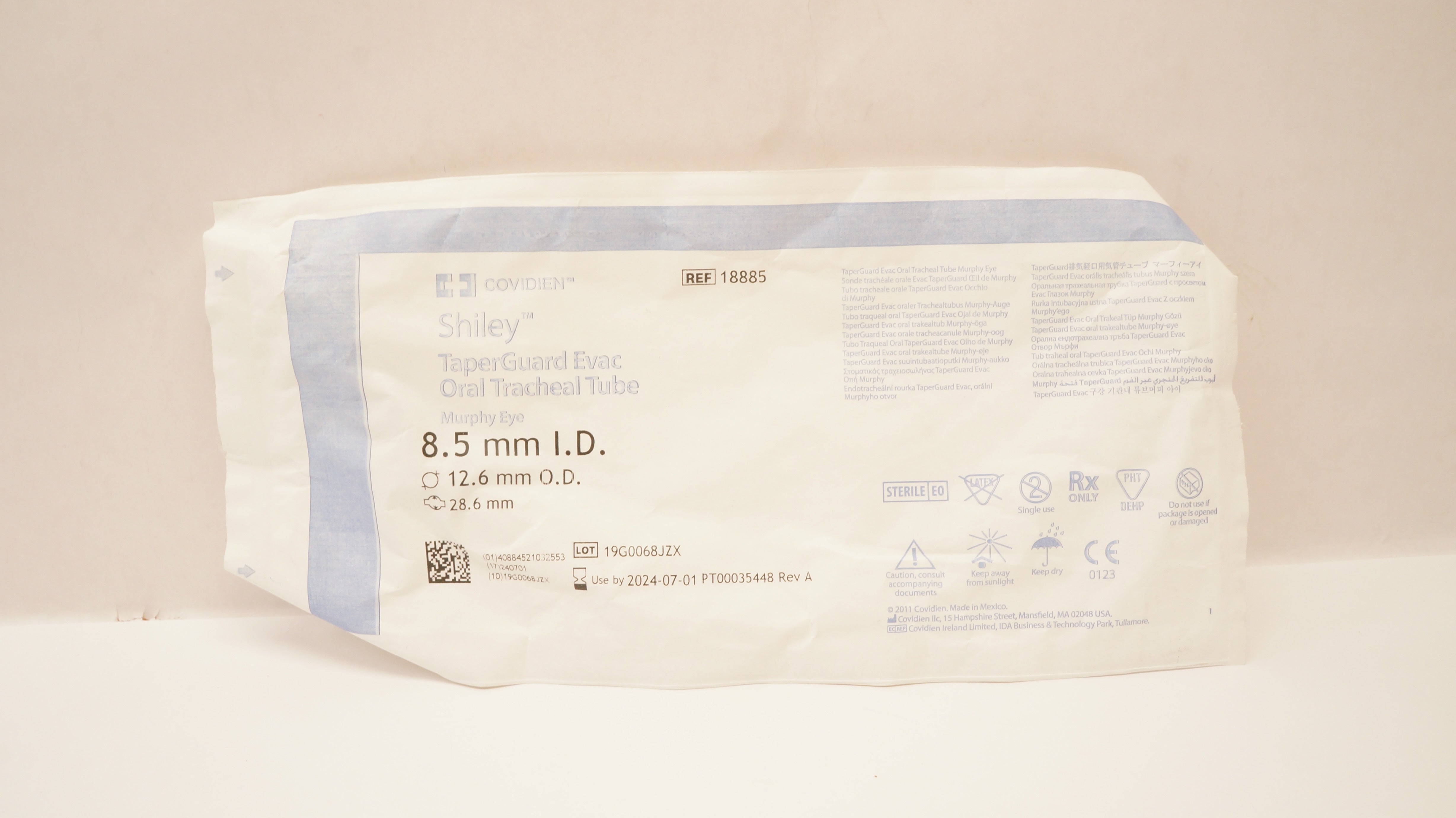 Covidien 18885 Shiley TaperGuard Evac Oral Tracheal Tube 8.5ID x 12.6OD x 28.6mm