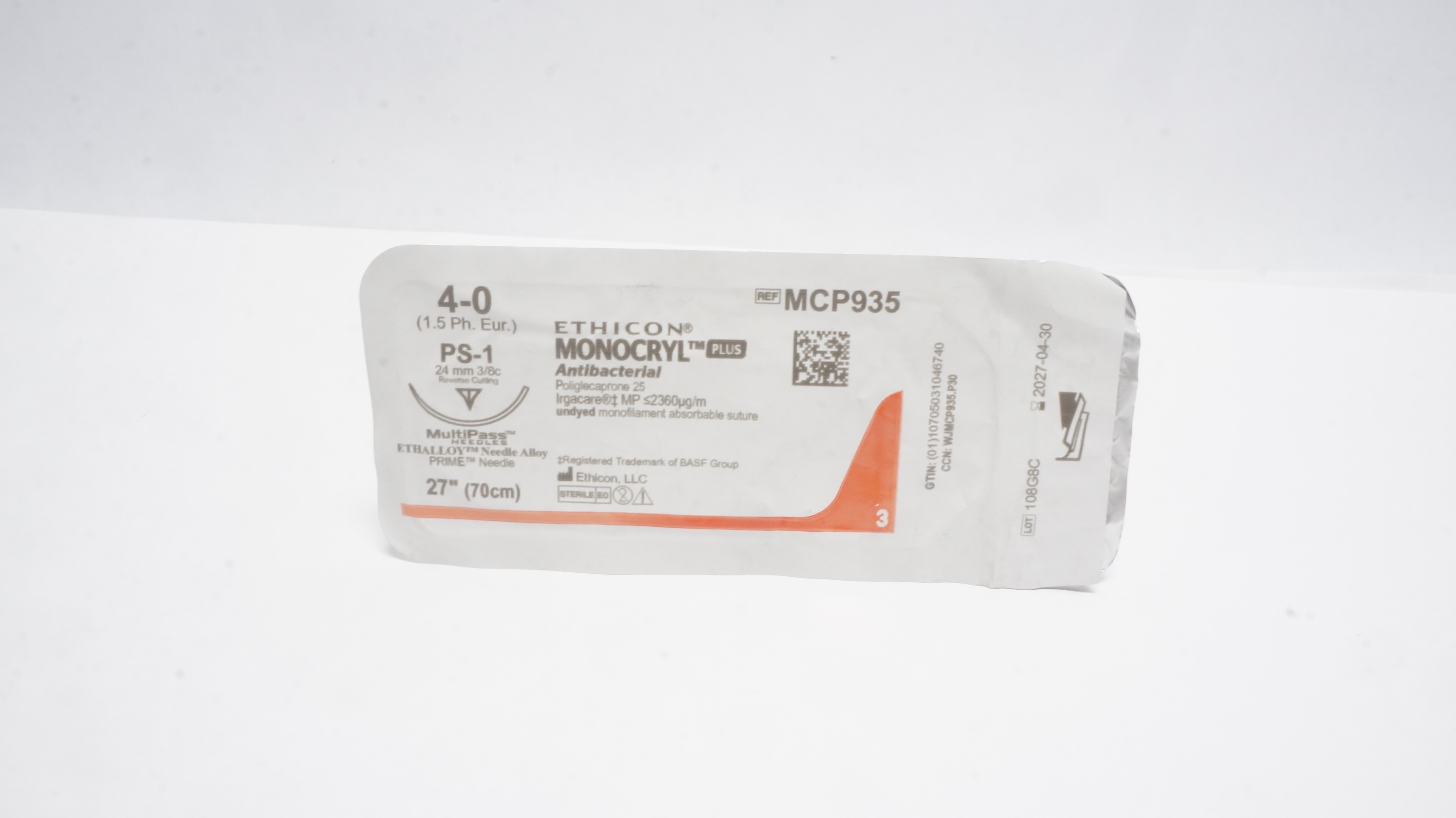 Ethicon MCP935 4-0 MONOCRYL Plus Stre PS-1 24mm 3/8c Reverse Cutting, 27inch
