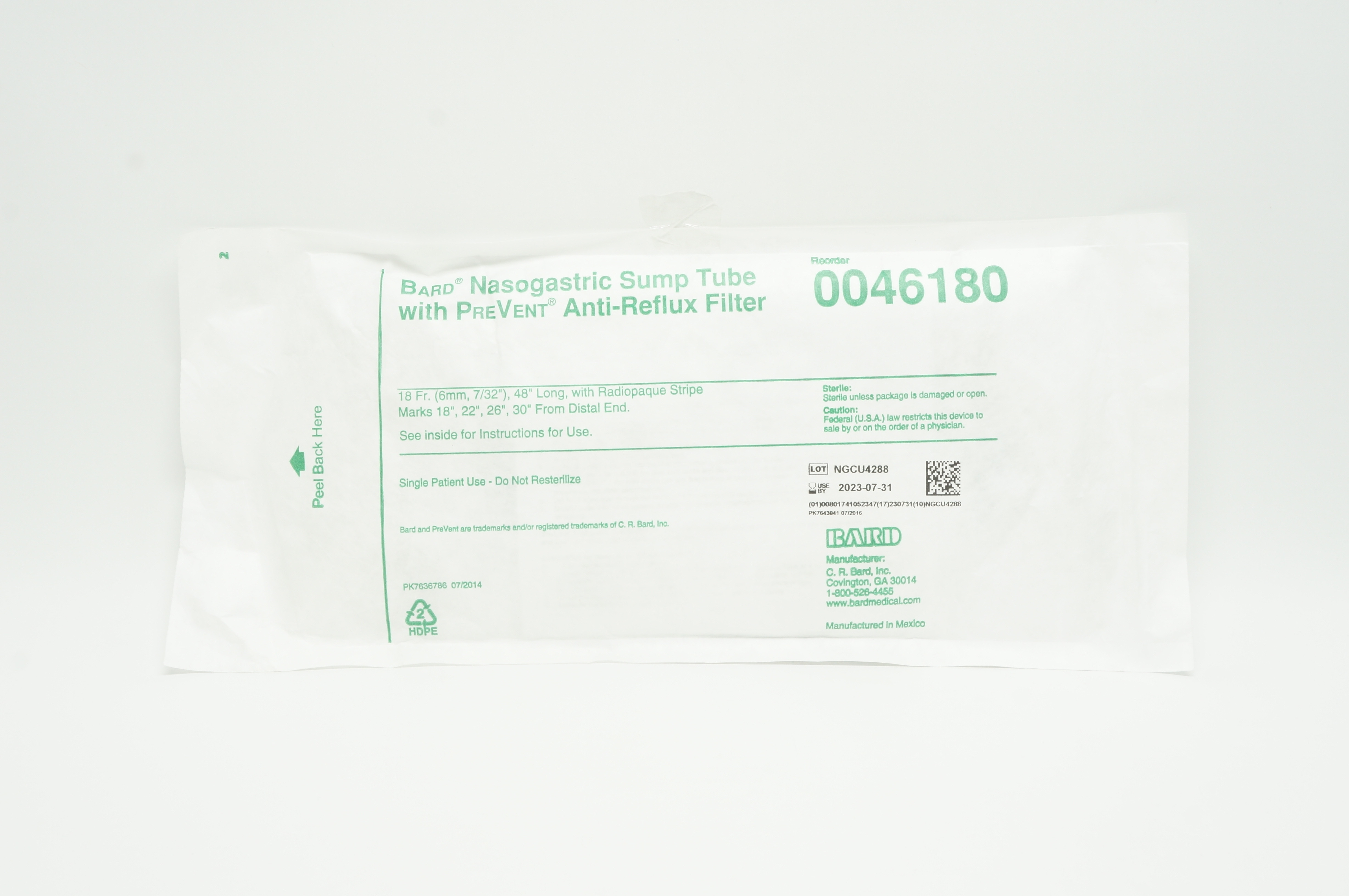 Bard 0046180 Nasogastric Sump Tube With PreVent Anti-Reflux Filter 18Fr. x 48in.