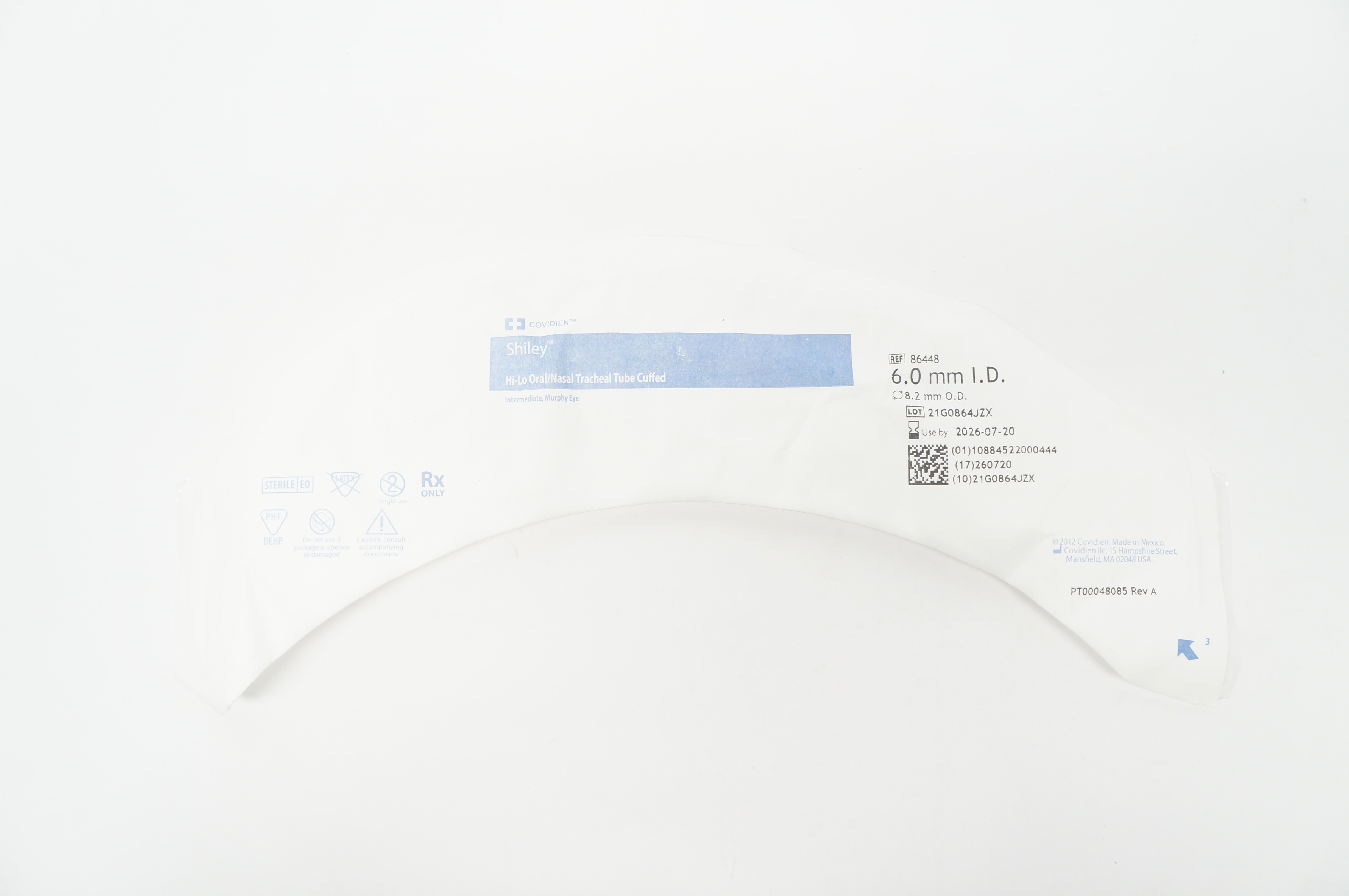 Covidien 86448 Shiley Hi-Lo Oral/Nasal Tracheal Tube Cuffed 6.0mm ID x 8.2mm OD