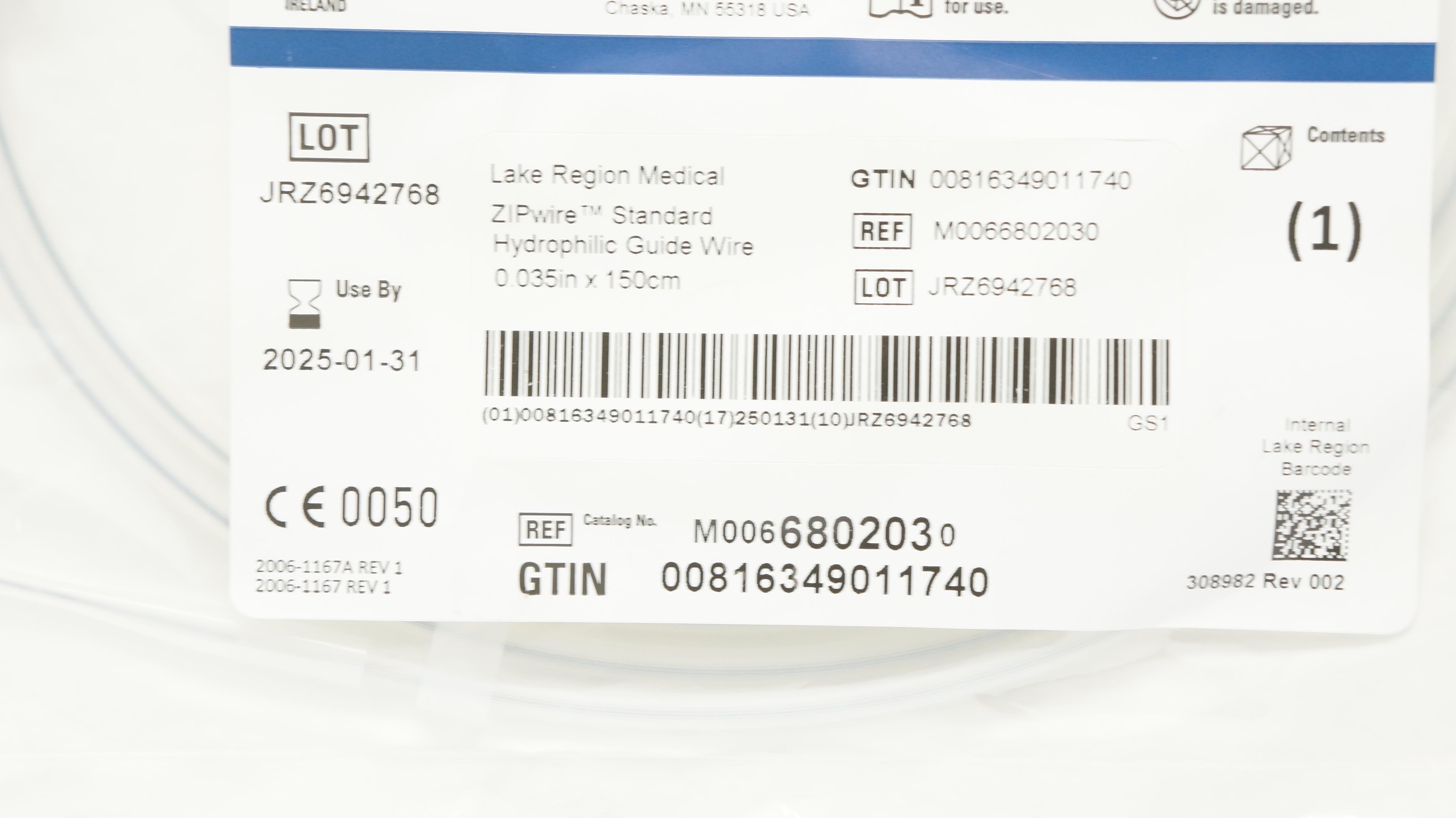 Boston Scientific 680203 Standard ZipWire Hydrophilic Guidewire 150cmx0.035In(x)