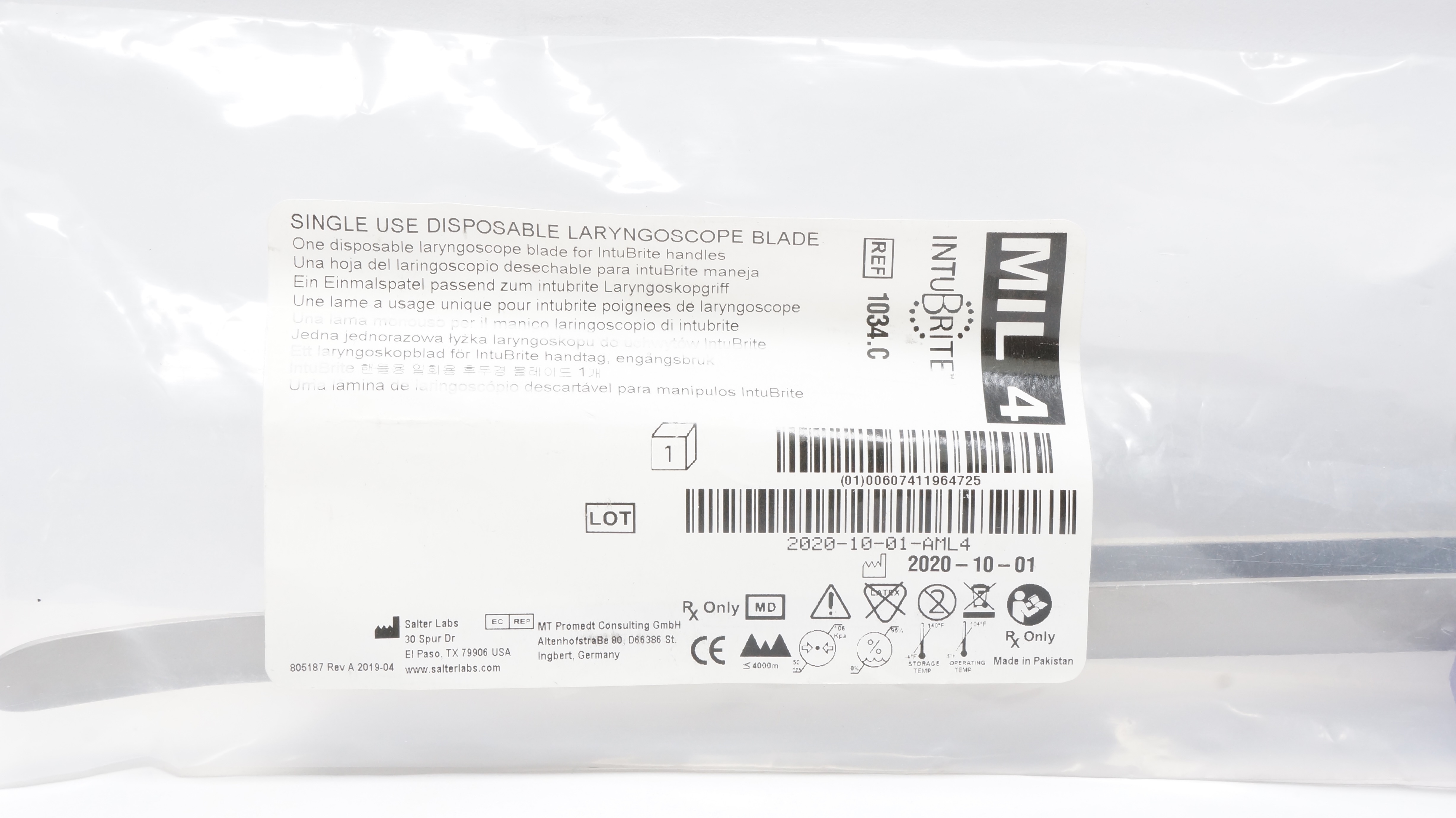 Salter Labs 1034.C IntuBrite Single Use Disposable Laryngoscope Blade Mil 4