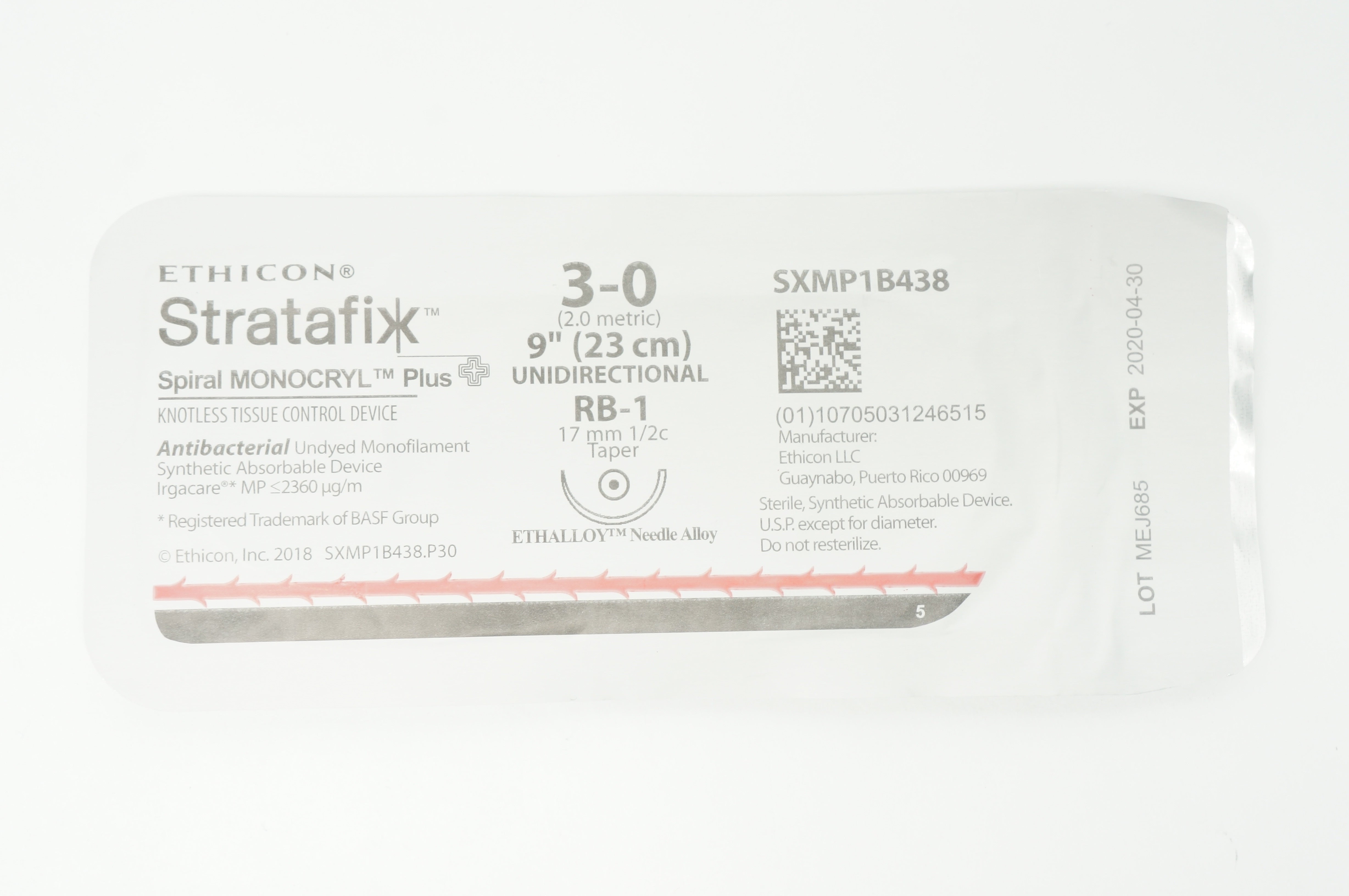 Ethicon SXMP1B438 3-0  MONOCRYL RB-1 17mm 1/2c Taper, 9inch (x)