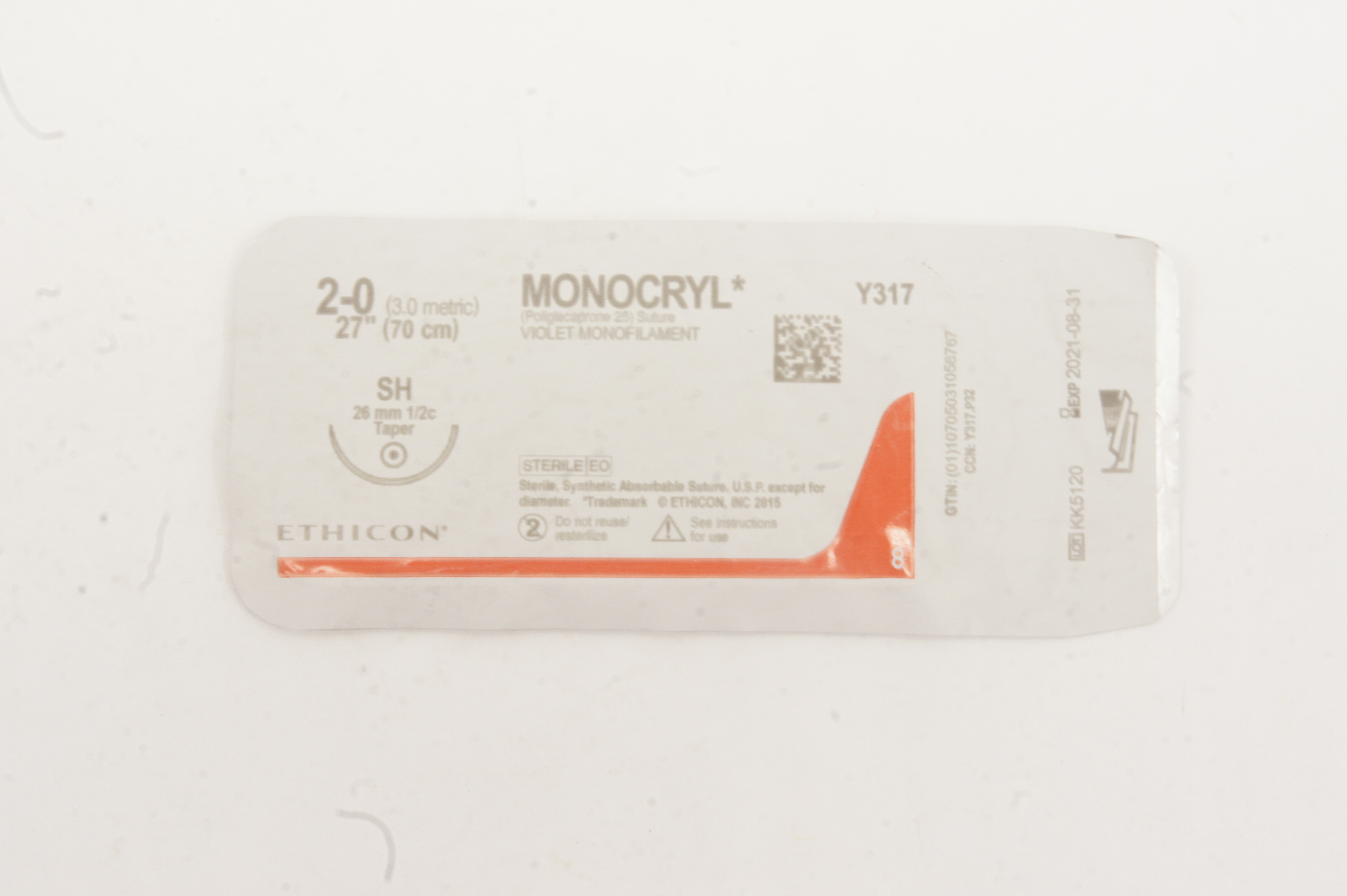 Ethicon Y317 2-0 MONOCRYL, SH, 26mm 1/2c Taper, 27inch