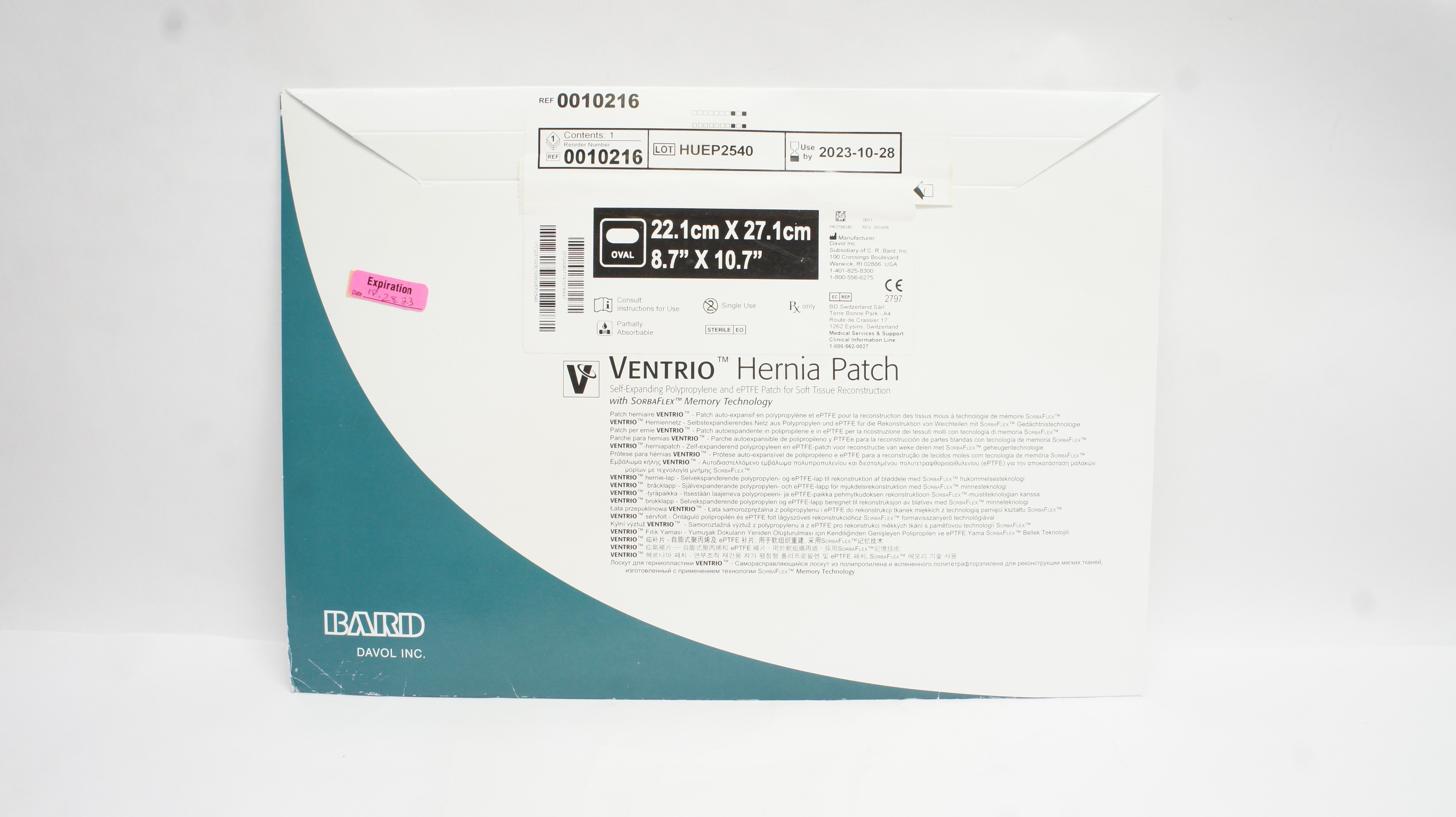 Bard 0010216 Davol Ventrio Hernia Patch 8.7inch x 10.7inch (x)