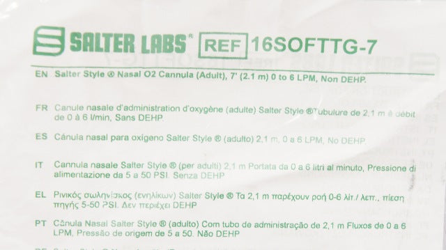 Salter Labs 16SOFTTG-7 Nasal O2 Cannula, Adult 7ft. 0 to 6 LPM, Non-DEHP