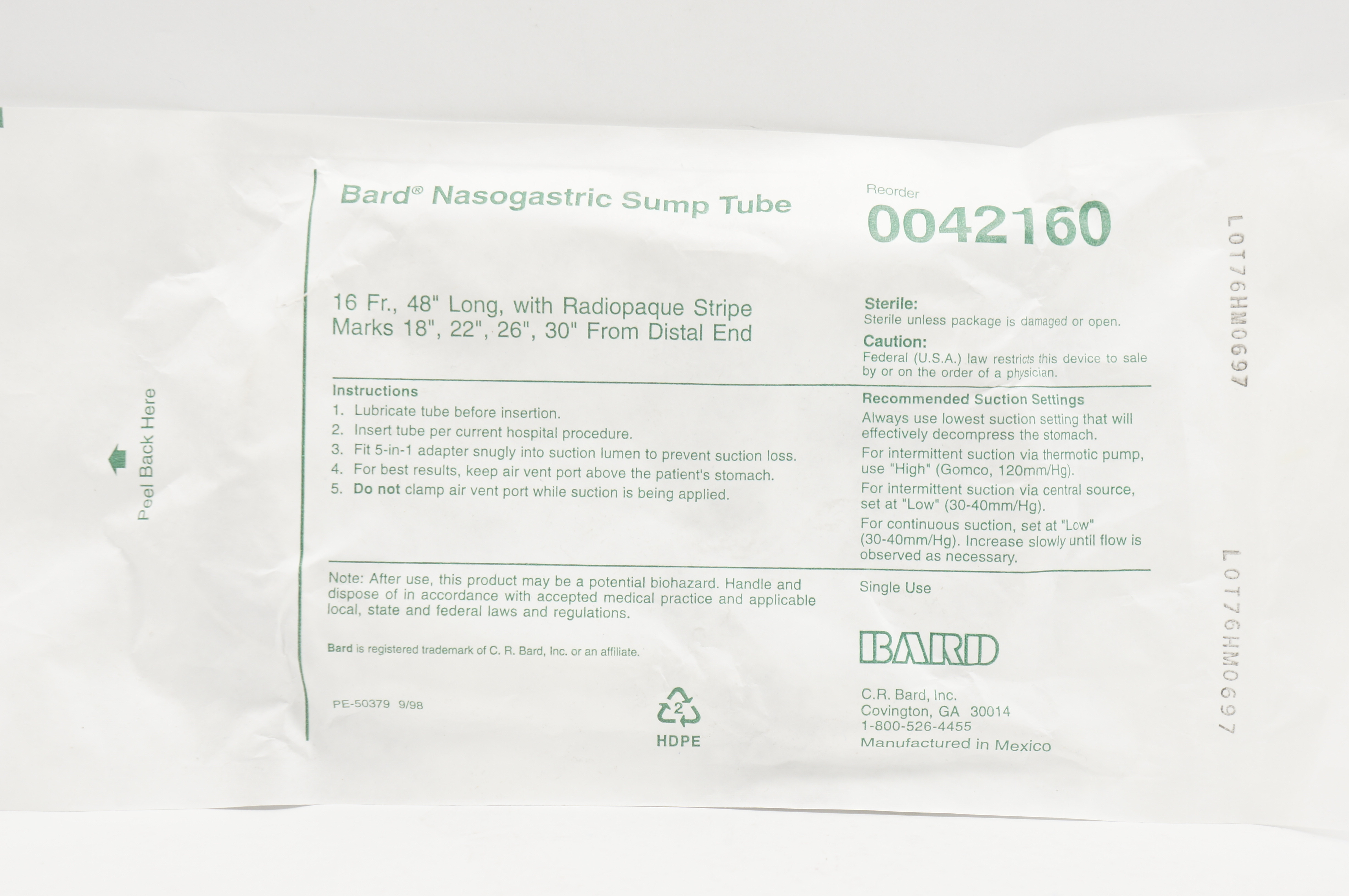 Bard 0042160 Nasogastric Sump Tube with Radiopaque Stripe Marks 16Fr x 48inch