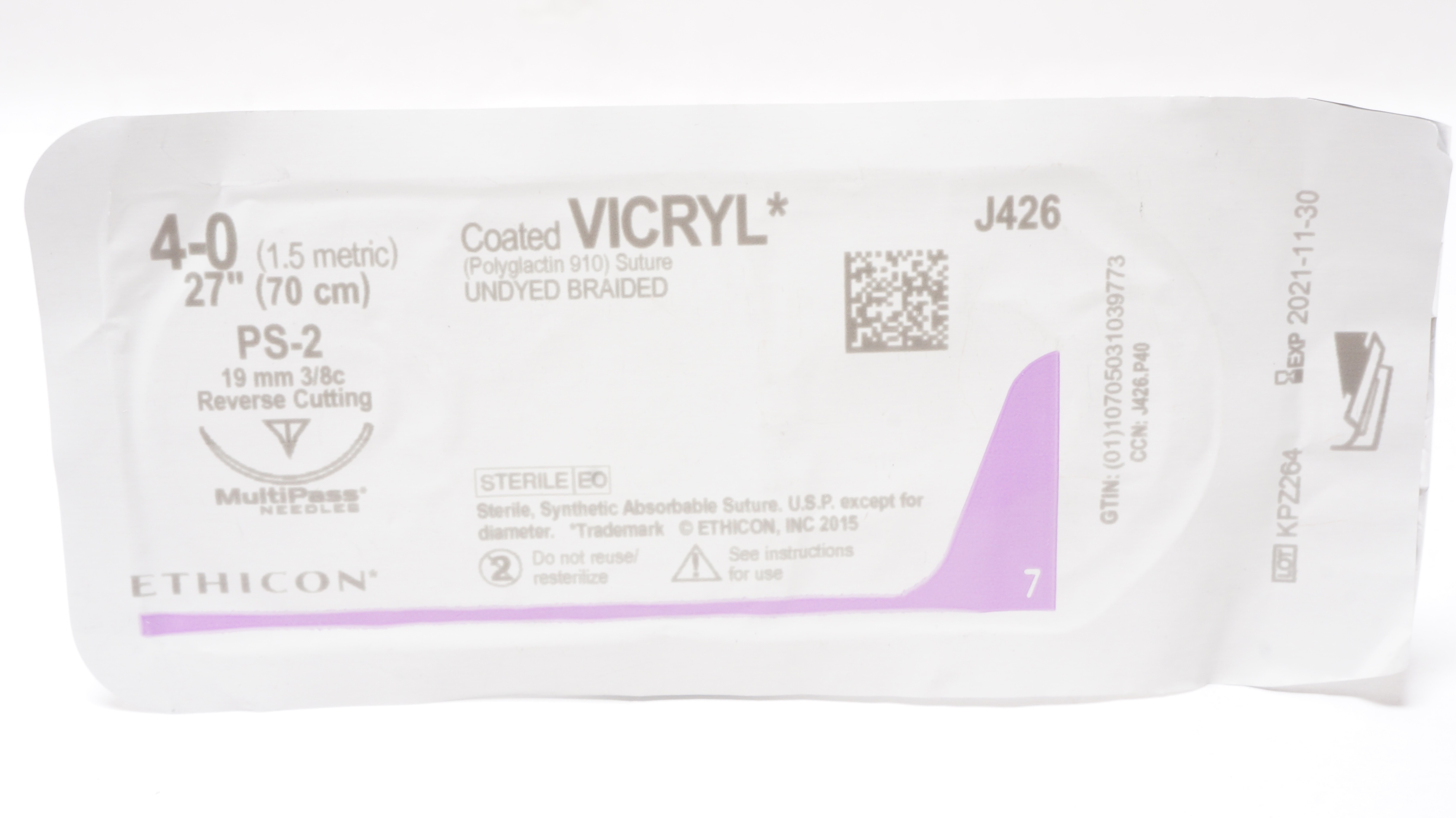 Ethicon J426 4-0 Coated VICRYL Stre PS-2 19mm 3/8c Reverse Cutting, 27inch (x)