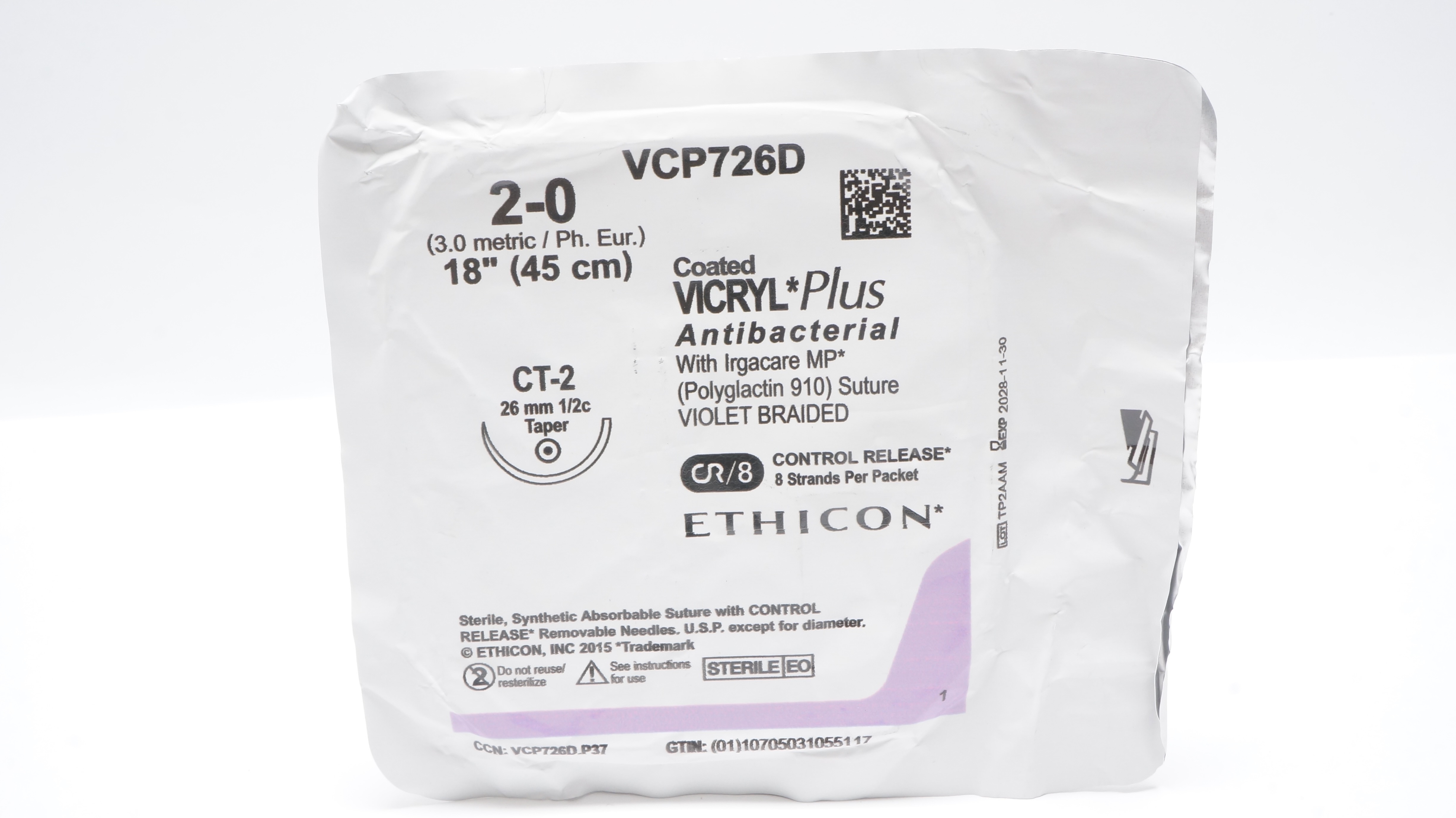 Ethicon VCP726D 2-0 VICRYL Plus Antibacterial Stre CT-2 26mm 1/2c Taper 18inch