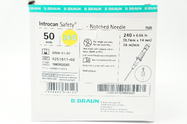 Braun 4251611-02 Introcan Safety Notched Ndle 24G x 0.55inch 26mL/min -Box of 50