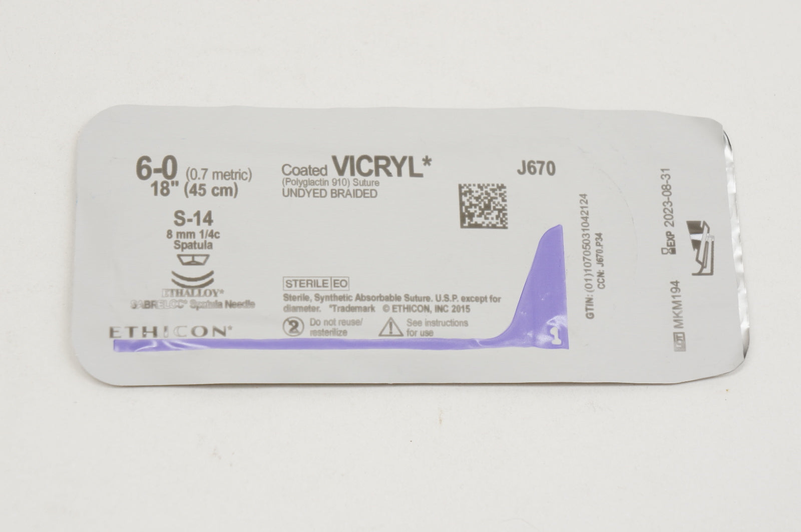 Ethicon J670 6-0 VICRYL, S-14, 8mm 1/4c Spatula, 18inch