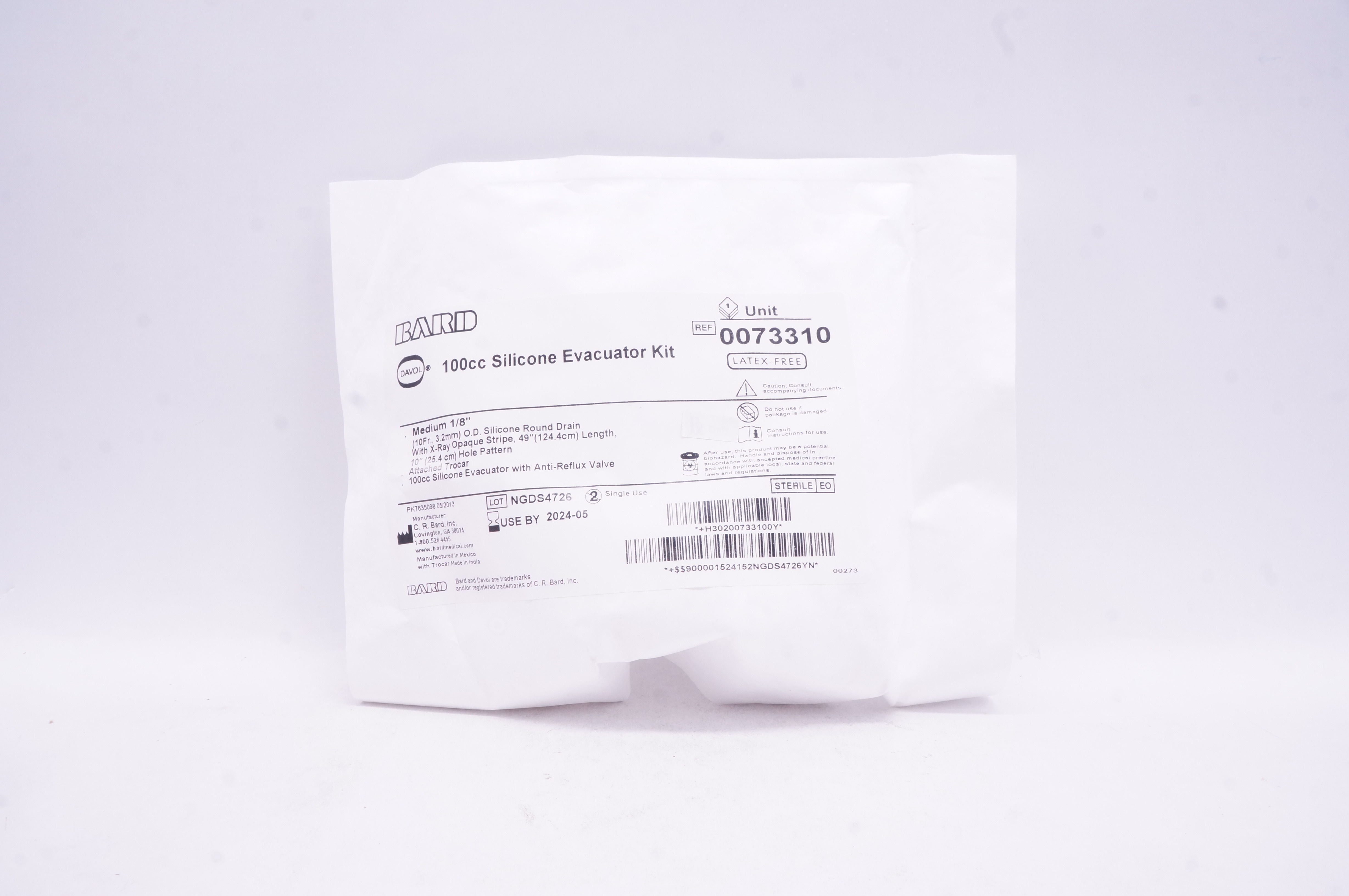 Bard 0073310 Evacuator Kits Silicone 100cc Round Drain Trocar 1/8in