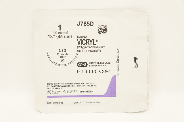 Ethicon J765D 1 Coated VICRYL Stre CTX, 48mm 1/2c Taper, 18inch (x)