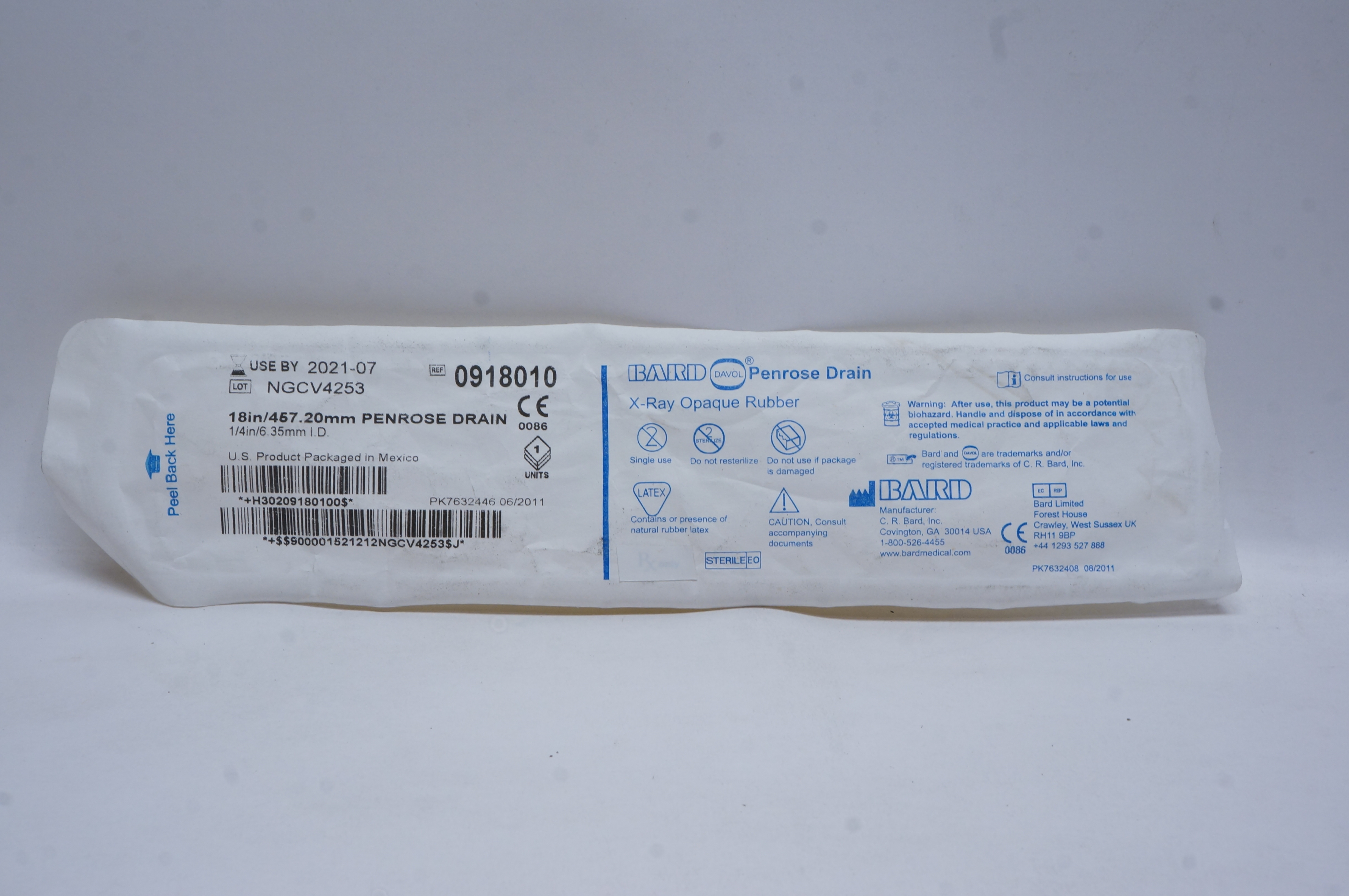 Bard 0918010 Davol Penrose Drain X-Ray Opaque Rubber 18inch x 1/4 inch I.D. (x)