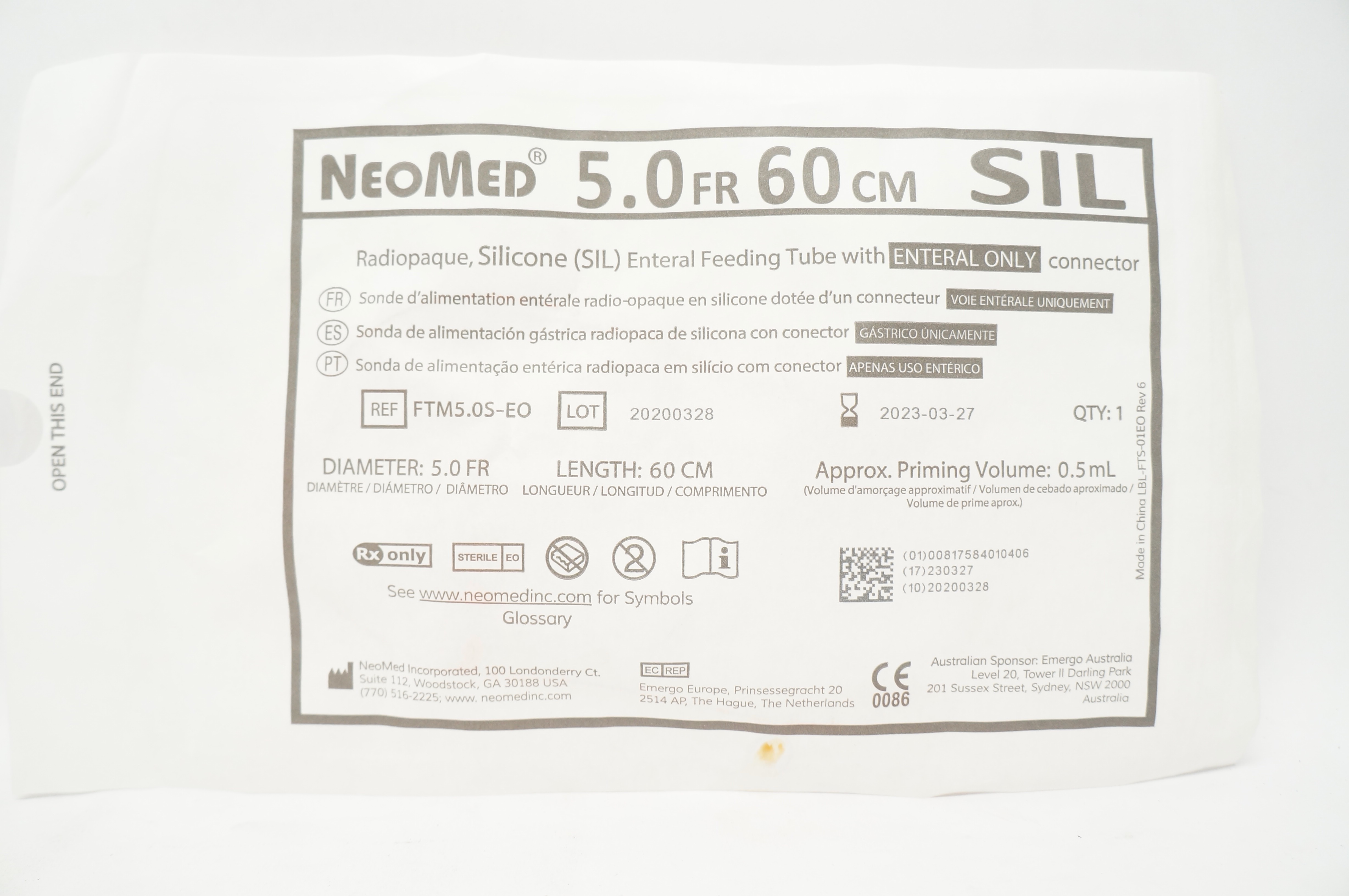 NeoMed FTM5.OS-EO Silicone Feeding Tube with Connector 5.0Fr x 60cm