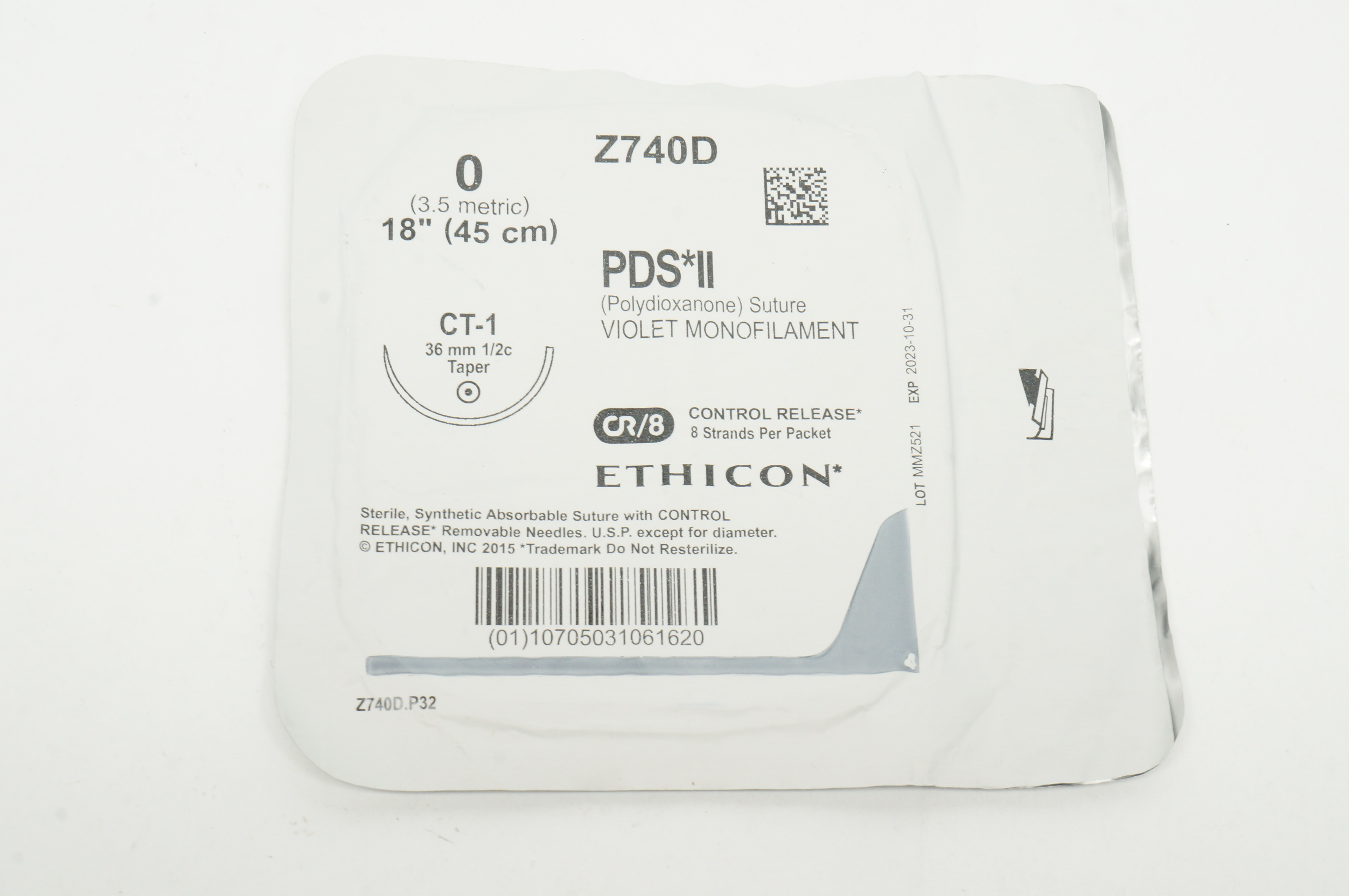 Ethicon Z740D 0 PDS II Polydioxanone Stre CT-1 36mm 1/2c Taper 18inch