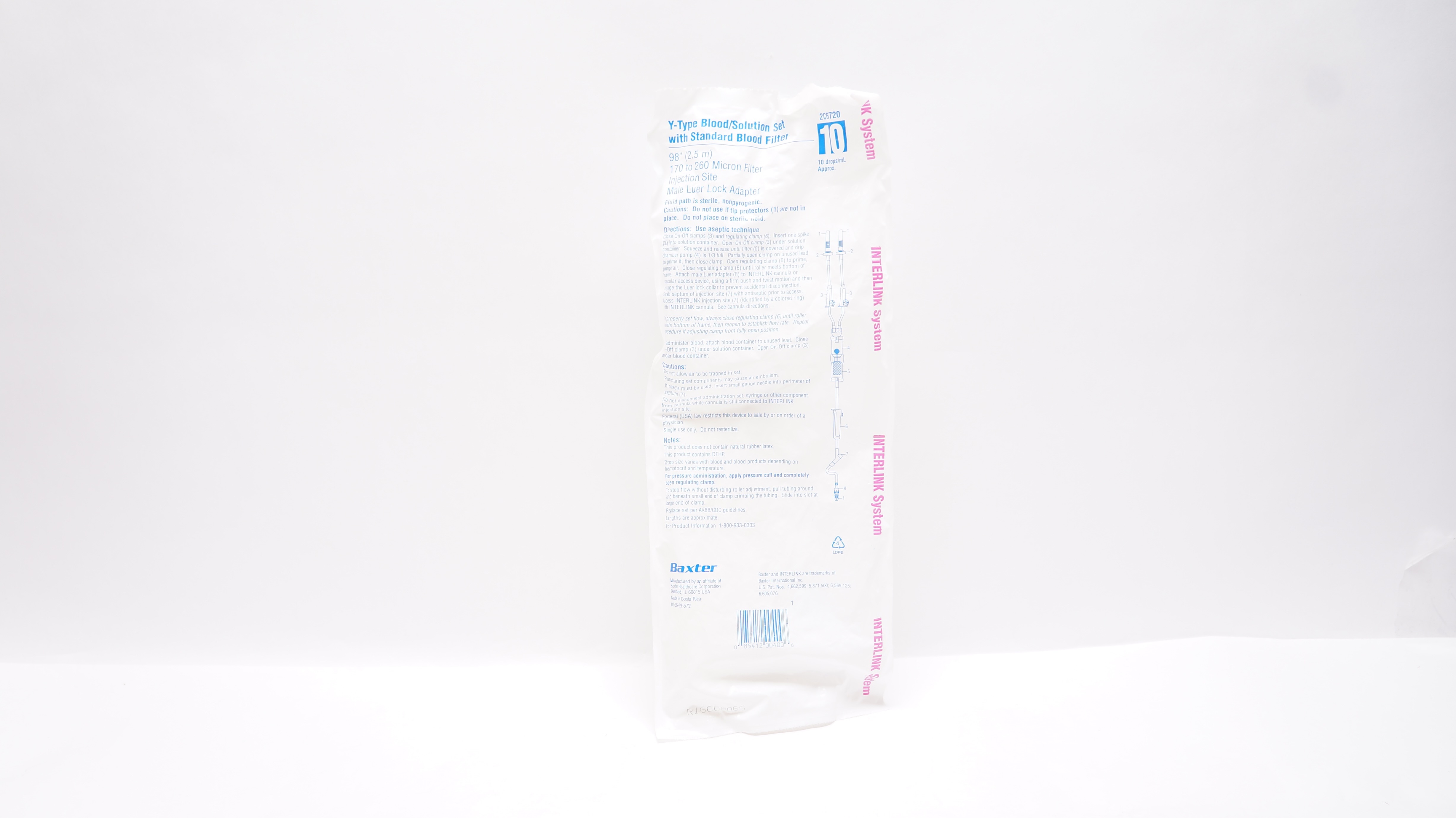 Baxter 2C6720 Y-Type Blood/Solution Set, w/Standard Blood Filter, 98inch