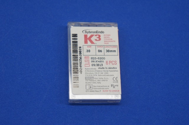 SybronEndo 825-6200 K3 Rotary Nickel Titanium Endodontic Files 0.20 ~ Box of 6