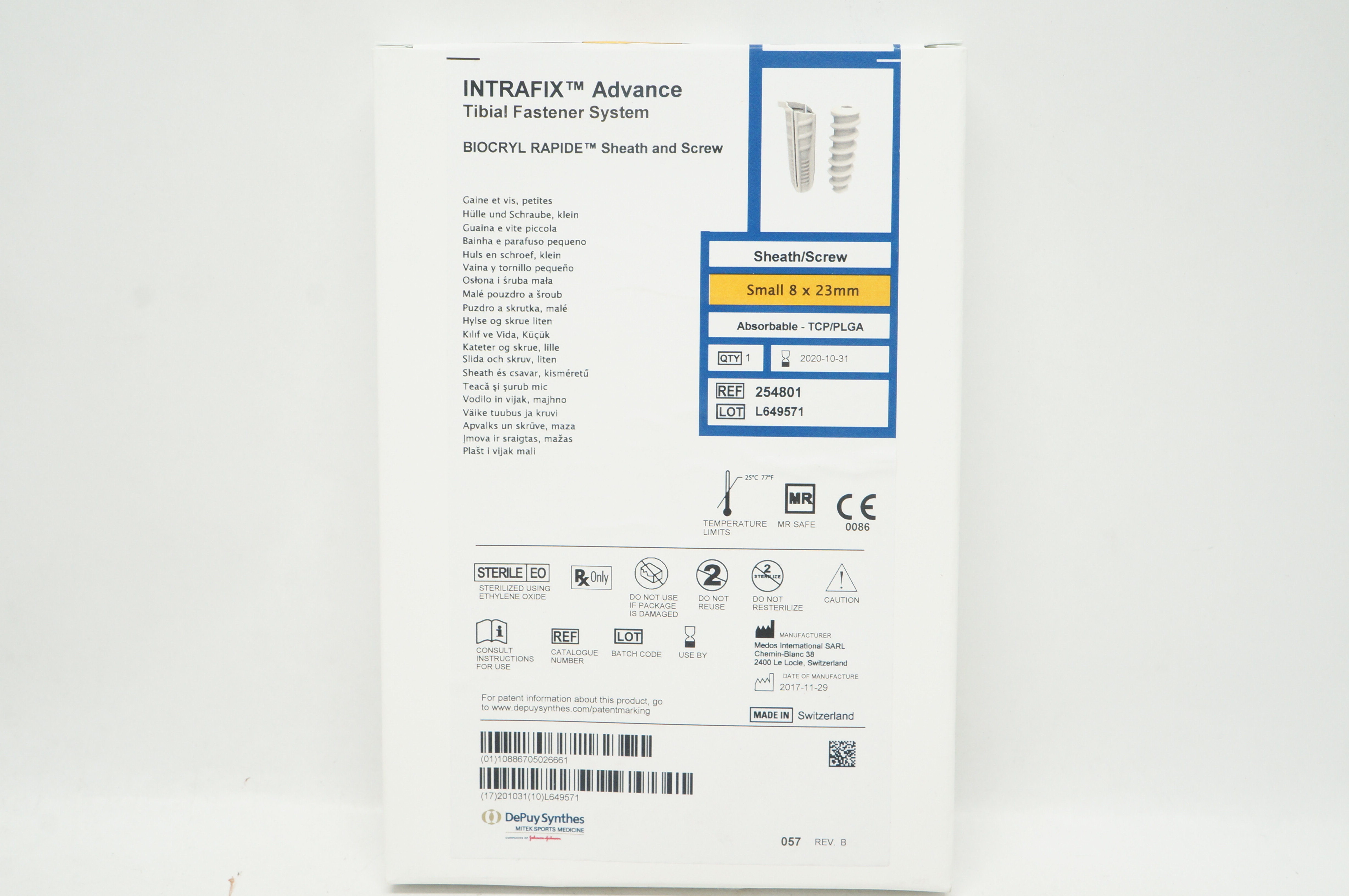 DePuy Synthes 254801 Intrafix Advance Tibial Fastener System, Small 8 x 23mm (x)
