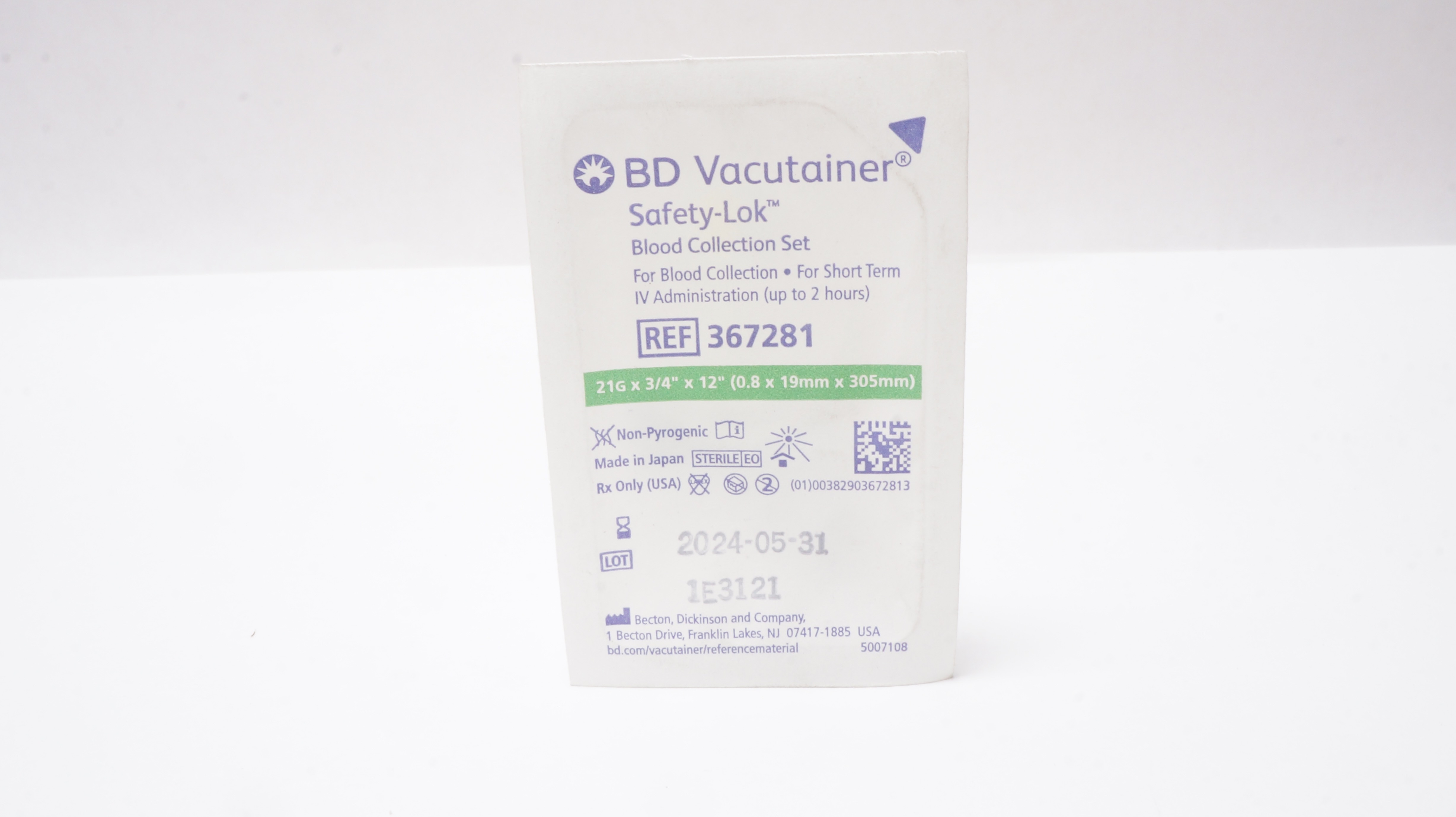 BD 367281 Safety-Lok Blood Collection Set 21G x 3/4inch x 12inch