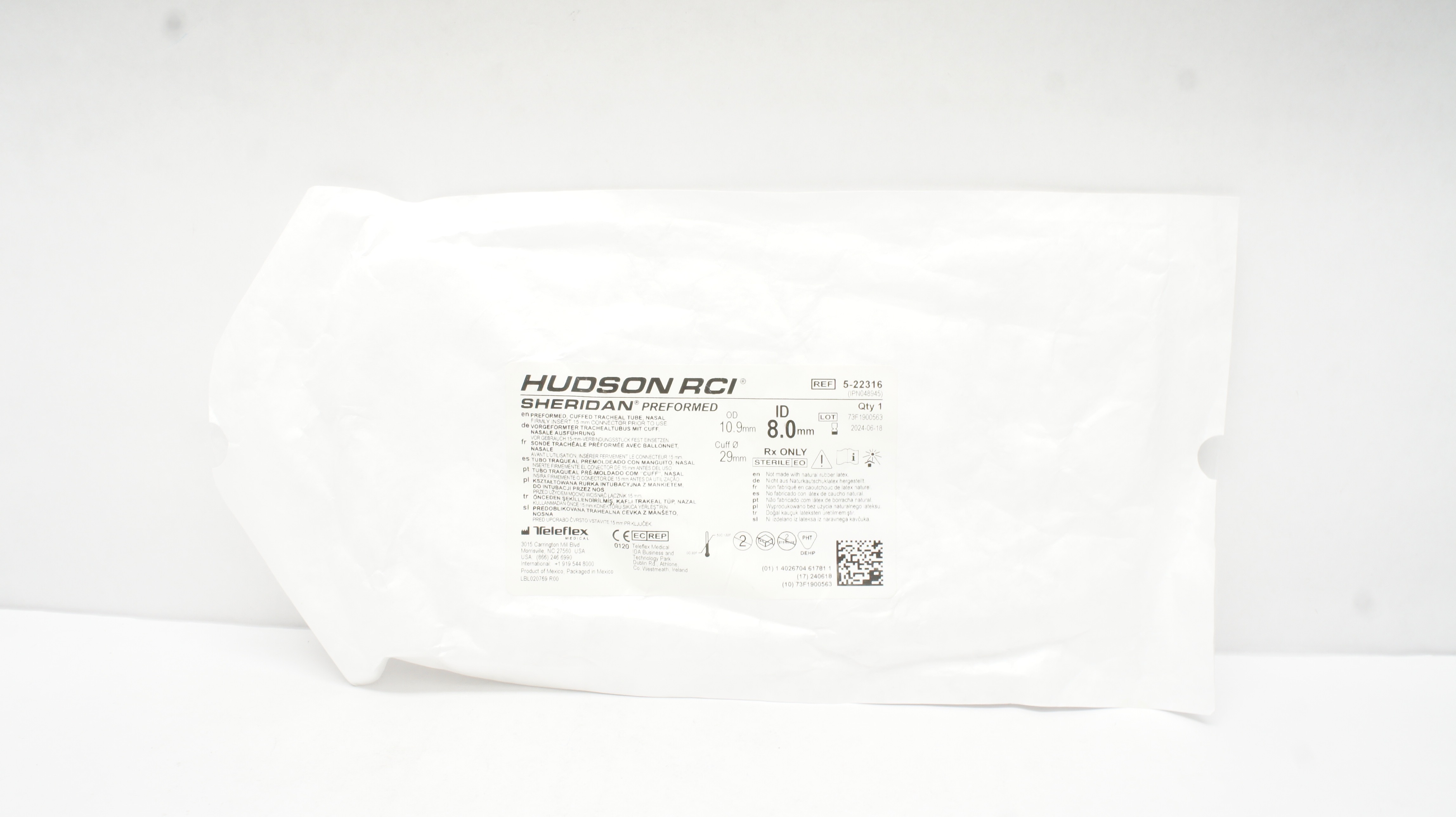 Teleflex 5-22316 HUDSON RCI Sheridan Preformed Nasal Cuffed ET Tube 8.0mm ID