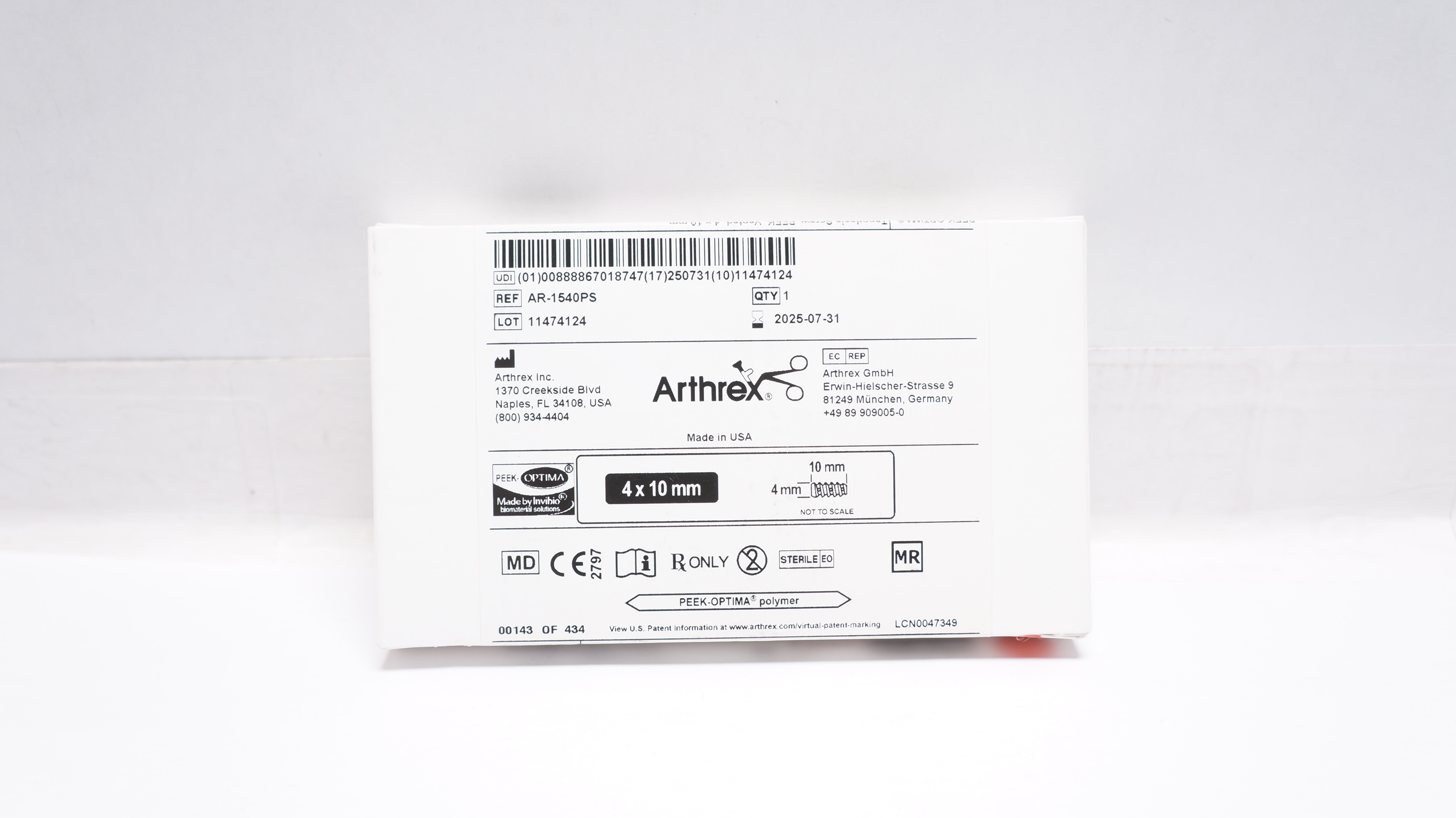 Arthrex AR-1540PS Tenodesis Screw Peek, Vented, 4 x 10mm