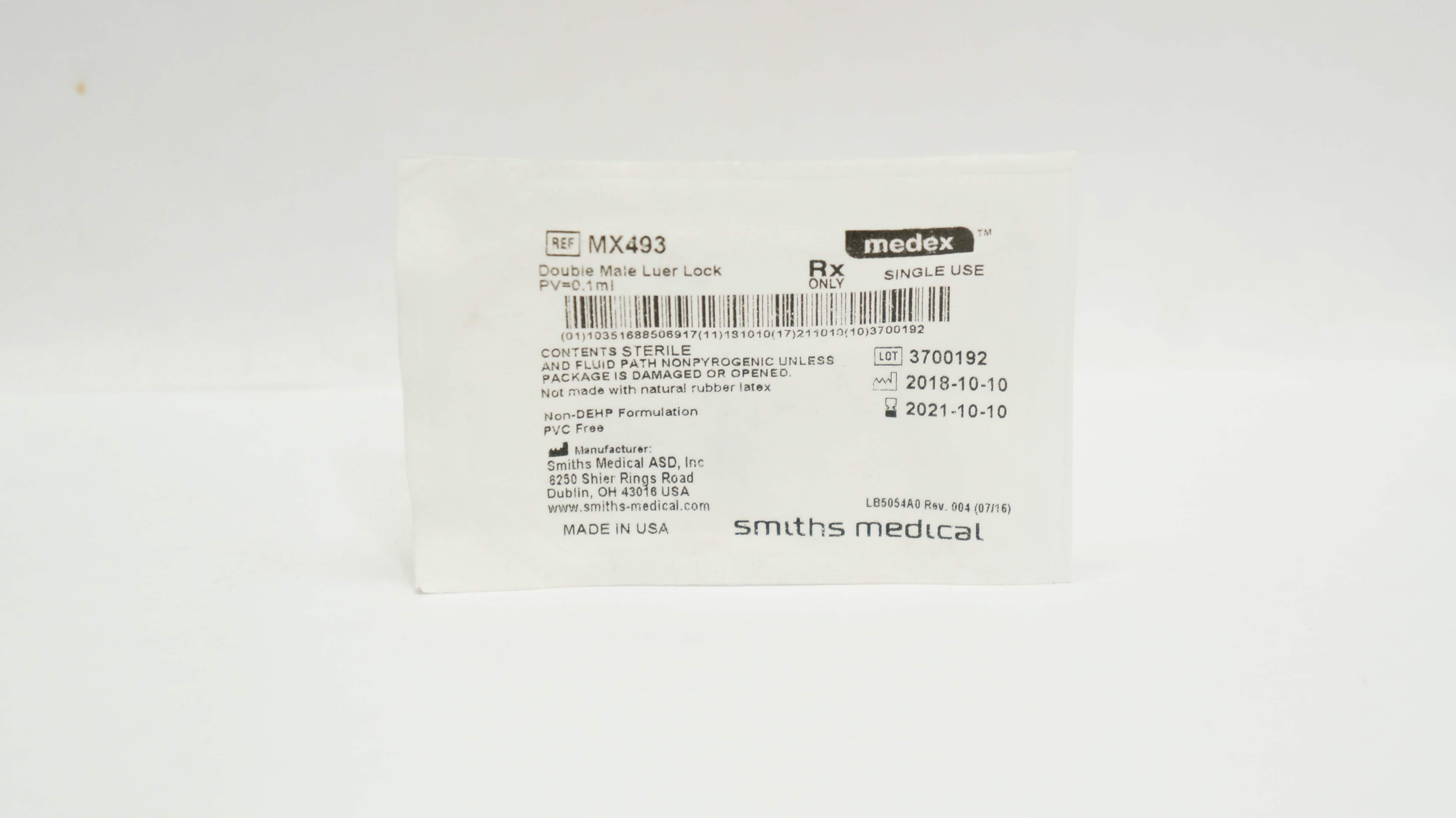 Smiths Medical MX493 Medex Double Male Luer Lock, PV 0.1mL (x)