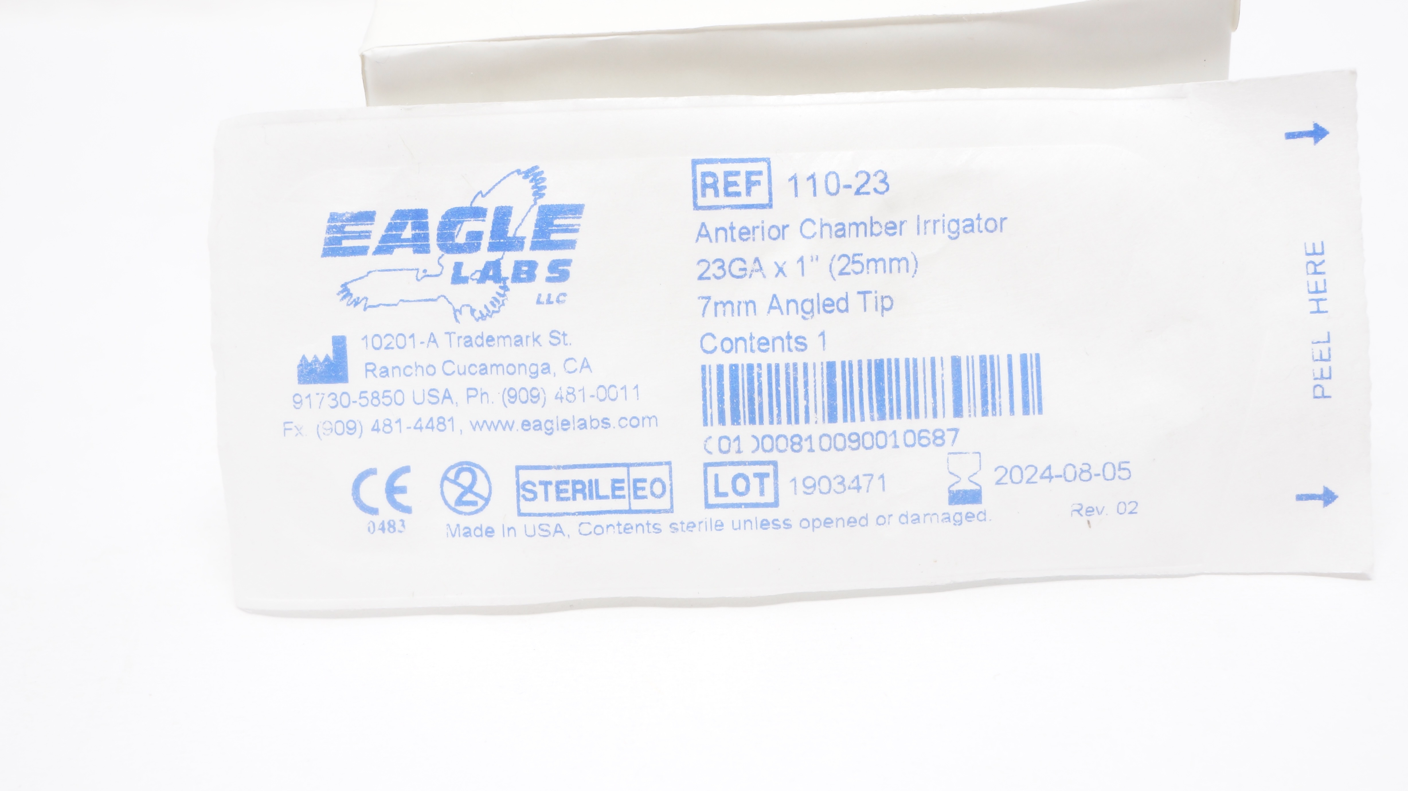 EAGLE Labs 110-23 anterior Chamber Irrigator 23GA x 1inch x 7mm Angled Tip